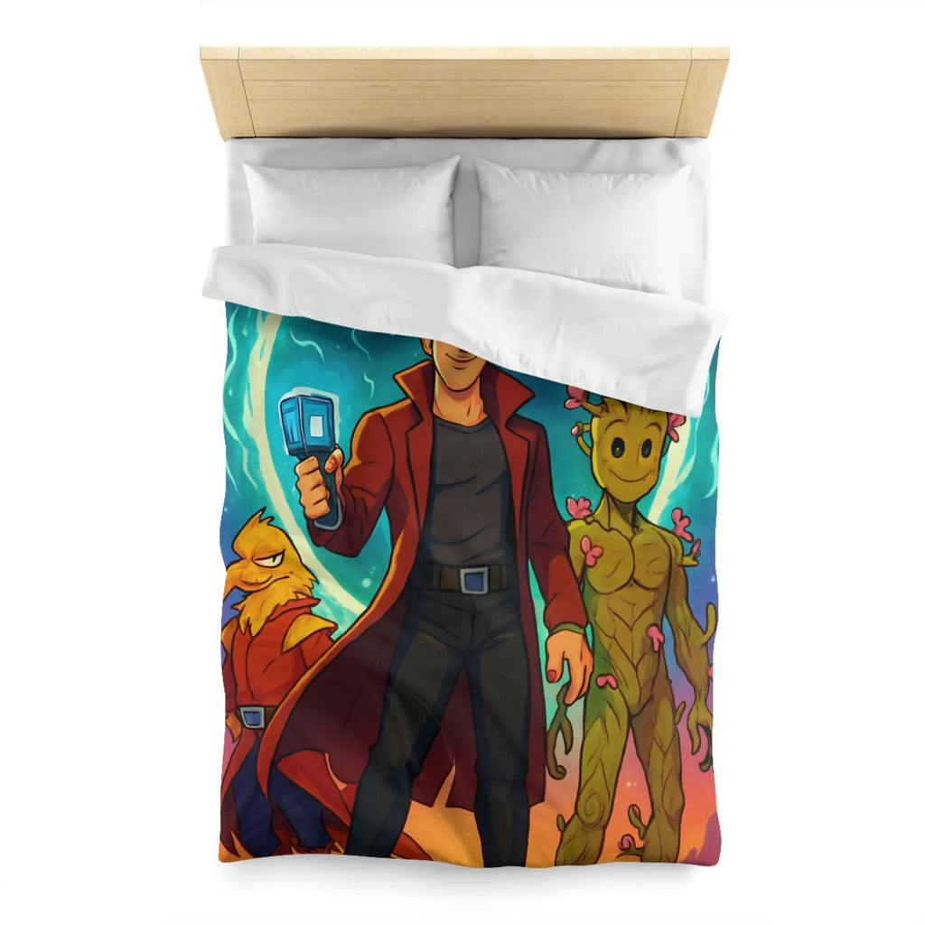 Housse de couette espace avec personnages héroïques colorés et univers rétro futuriste