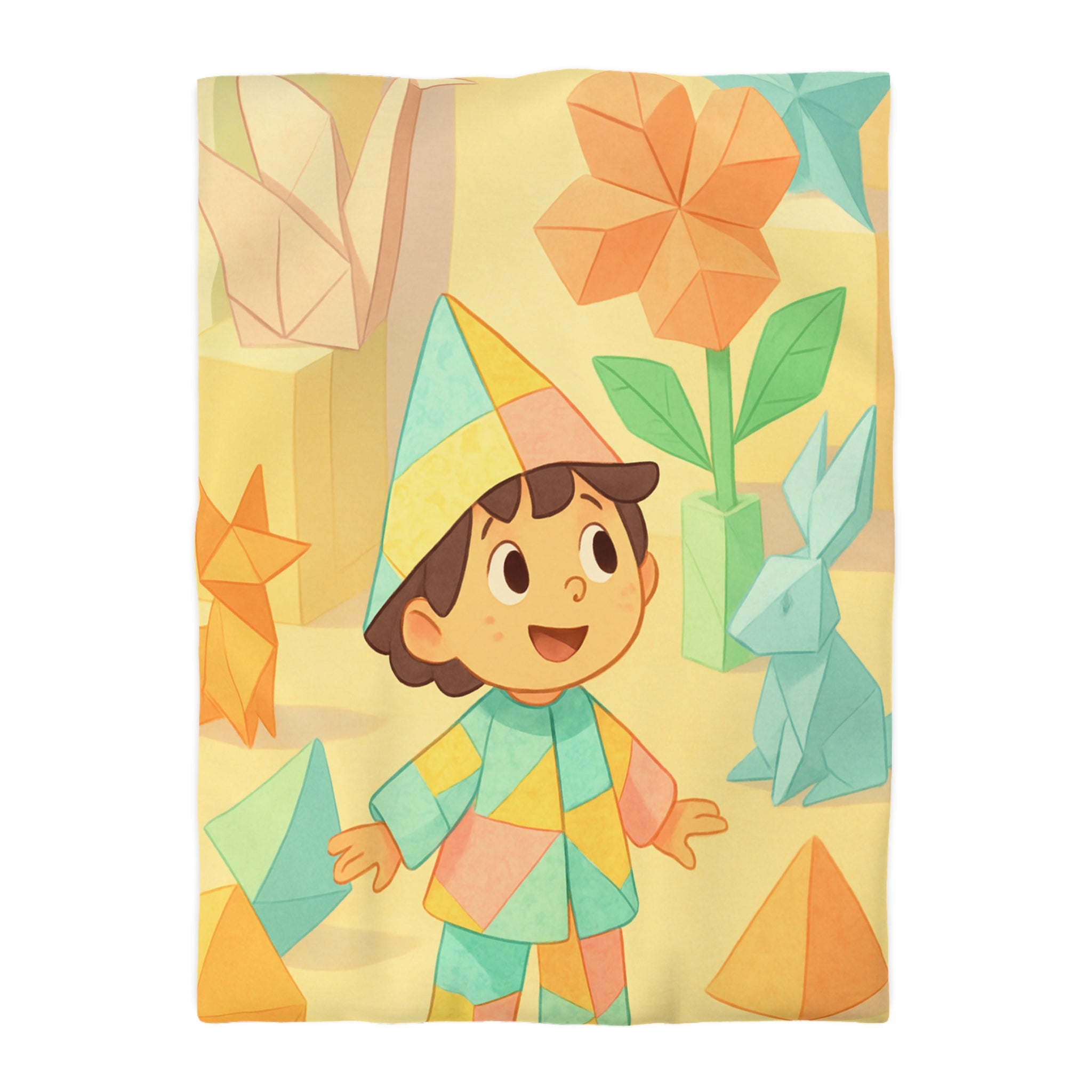 Housse de couette origami multicolore avec motifs enfantins de formes géométriques joyeuses