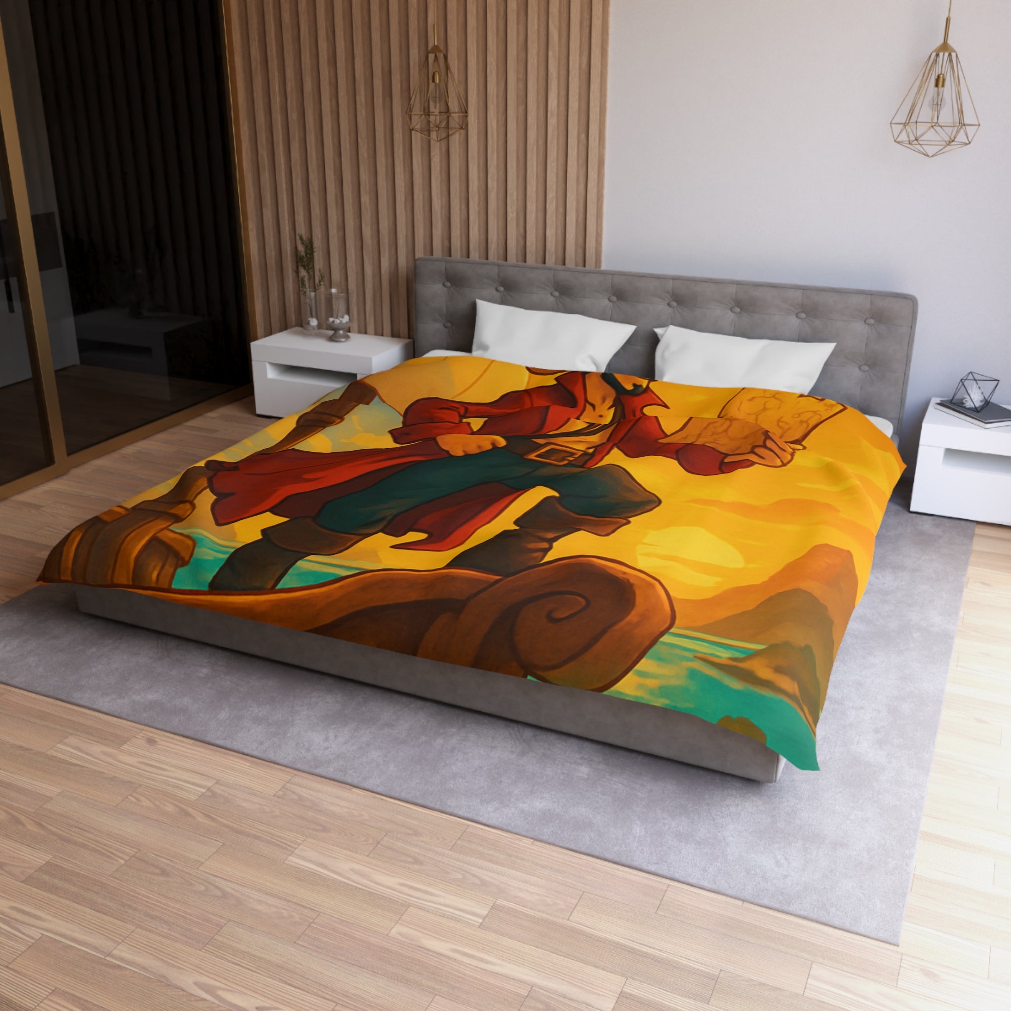 Housse de Couette Pirate Aventurier sur Bateau en Mer au Coucher du Soleil