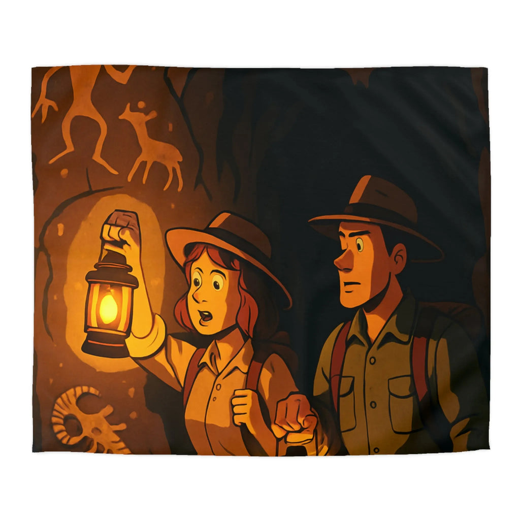 Housse de couette aventure rétro avec explorateurs et art rupestre, ambiance mystérieuse