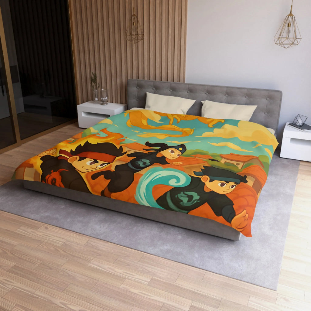 Housse de couette avec ninjas sautant et dragon doré dans un ciel ensoleillé