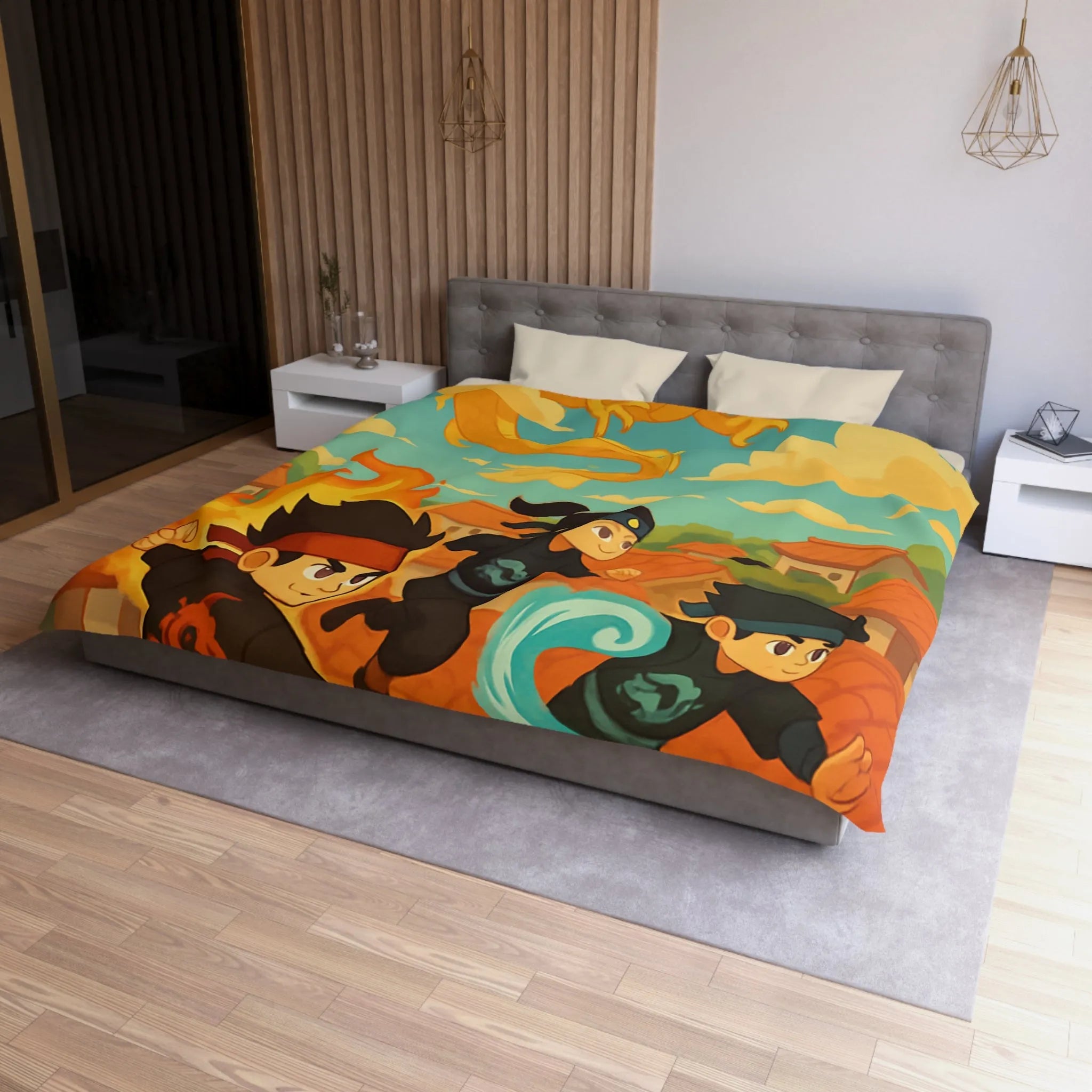 Housse de couette avec ninjas sautant et dragon doré dans un ciel ensoleillé