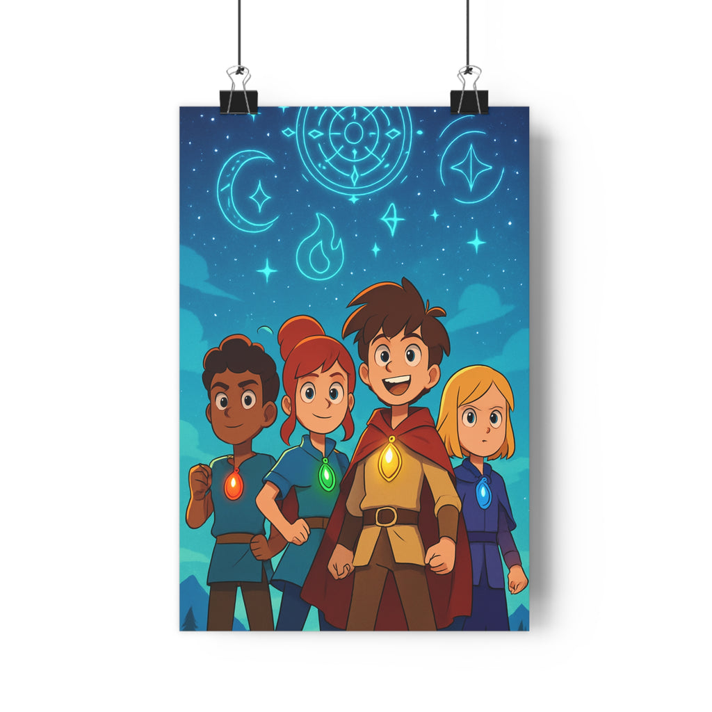 Poster décoratif personnages animés ciel étoilé mystique magique couleurs vives chambre enfant aventure enchantement