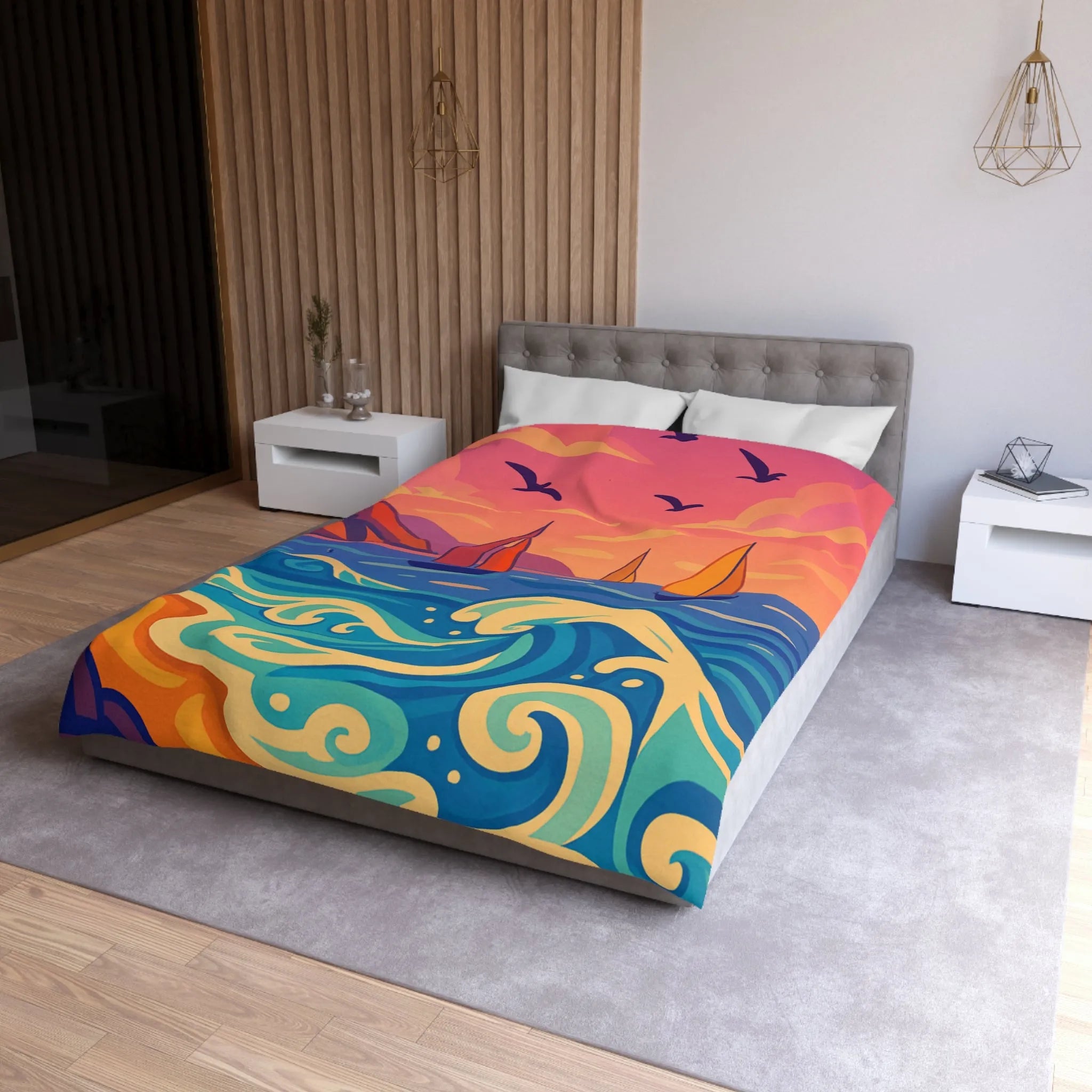 Housse de couette colorée avec paysage marin, voiliers et coucher de soleil vibrant