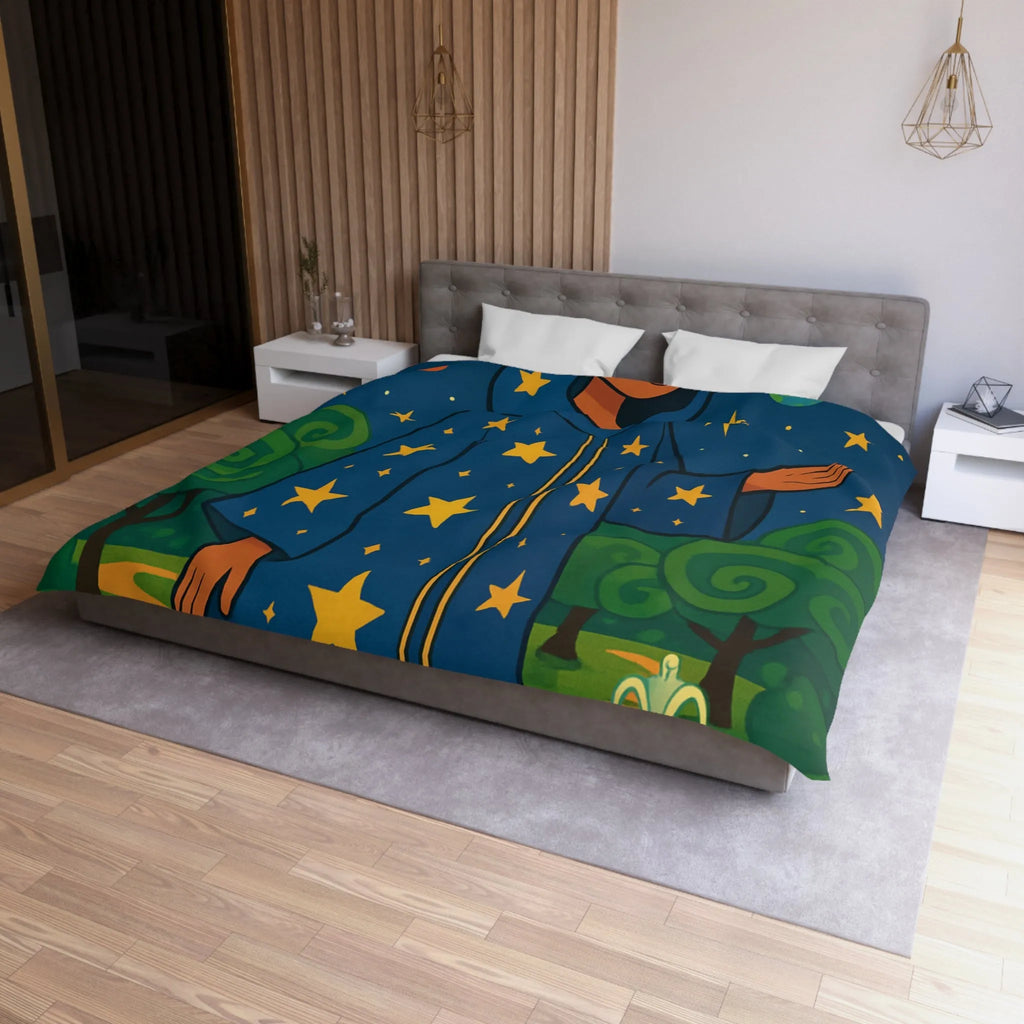 Housse de couette étoilée avec personnage mystique sous ciel galactique et nature luxuriante