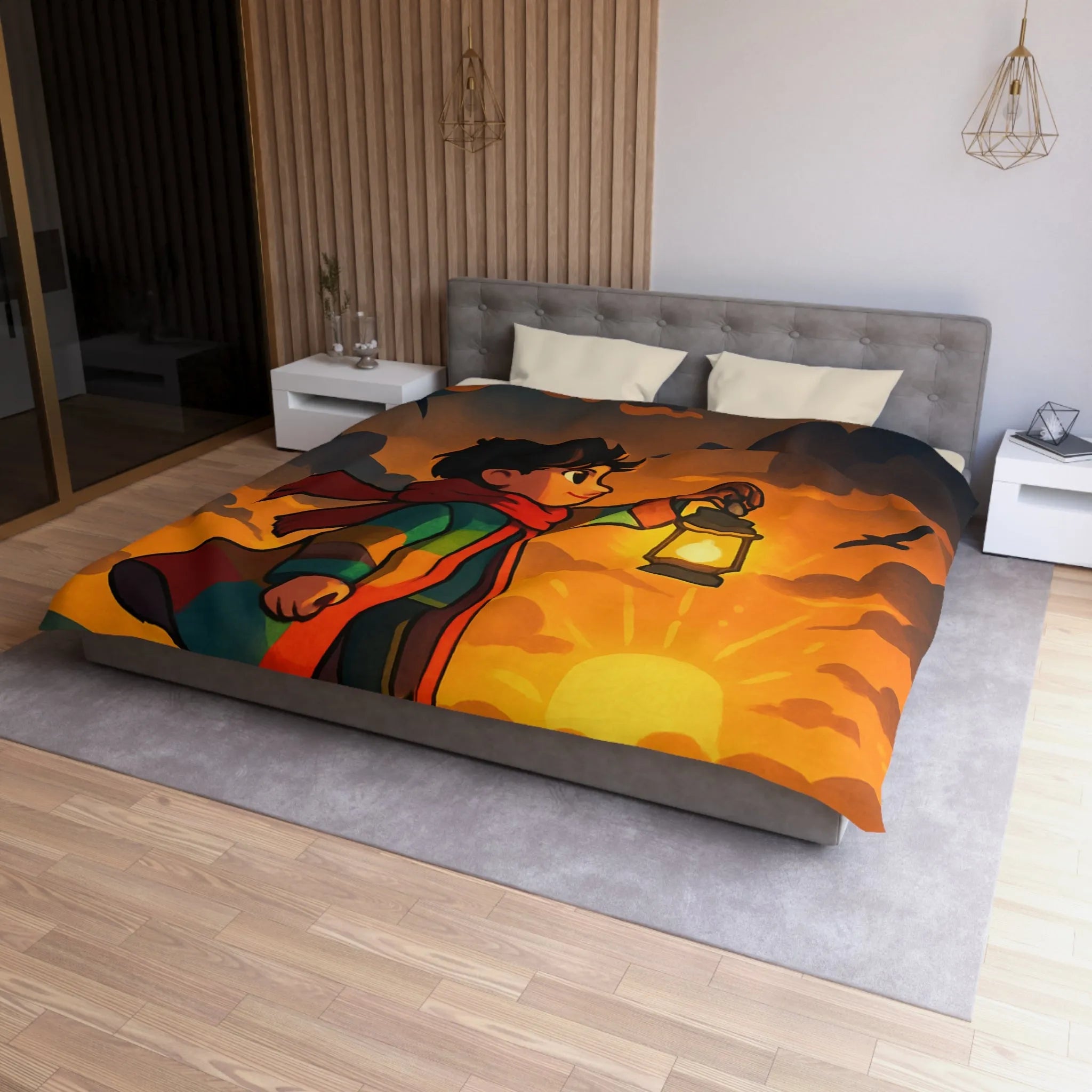 Housse de couette avec illustration enfantine colorée : garçon, lanterne, ciel dramatique