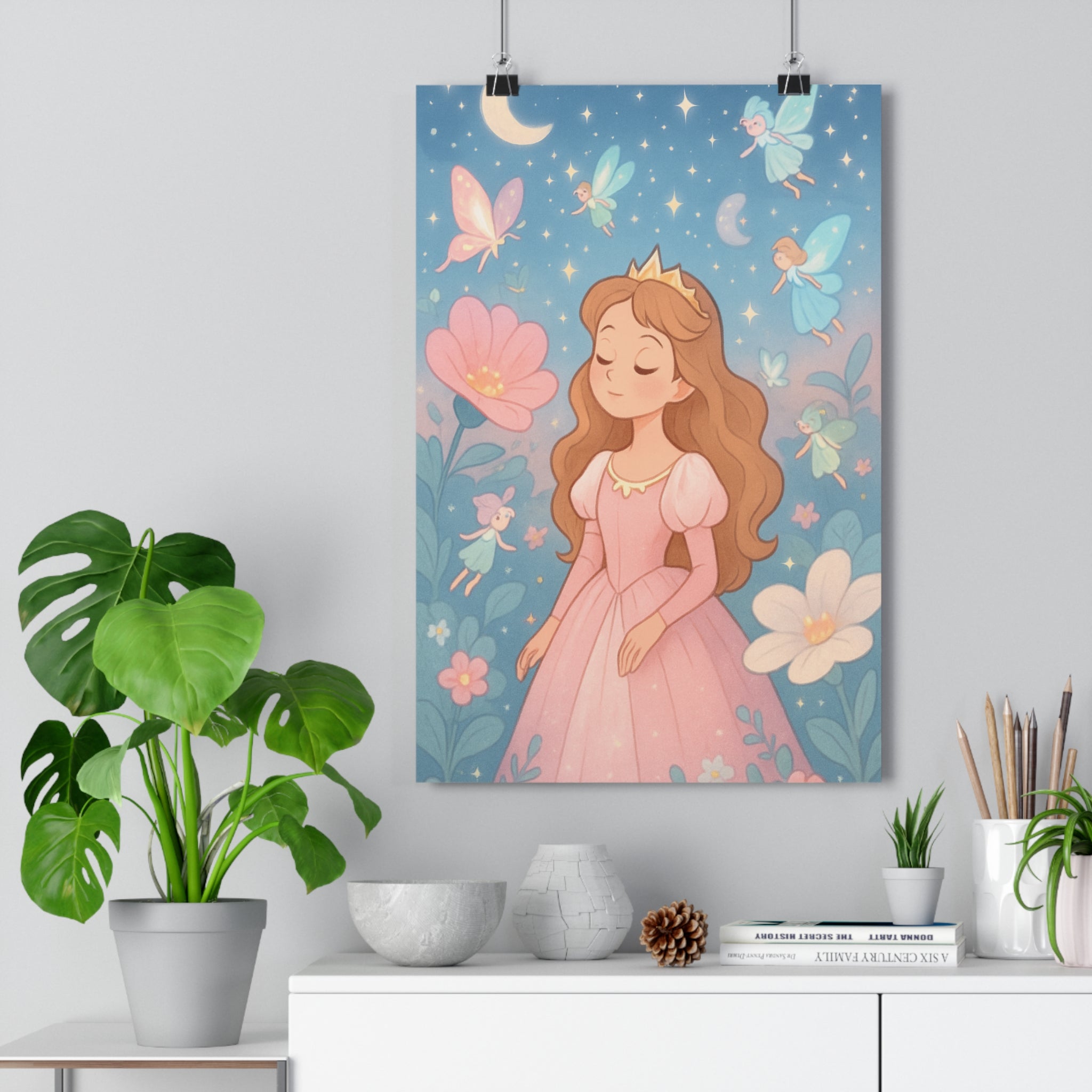 Poster décoratif féerique pastel princesse rêveuse enfant chambre magique jardin enchanté rêveur lune étoilé