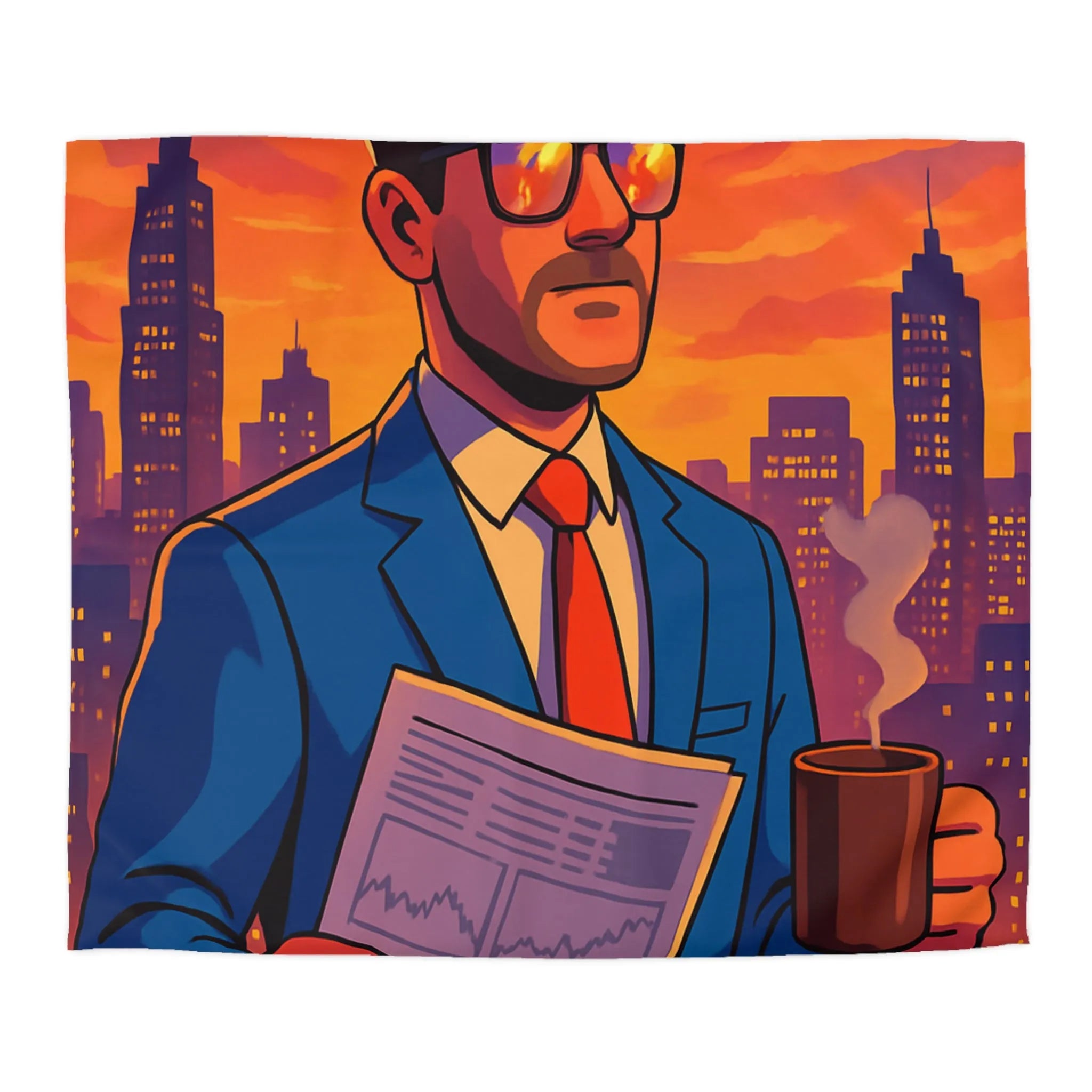 Housse de couette élégante avec silhouette urbaine et homme au coucher de soleil