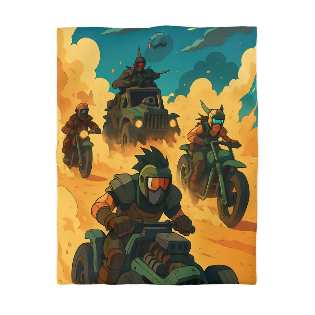 Housse de couette aventure désertique avec véhicules post-apocalyptiques et ambiance futuriste dynamique