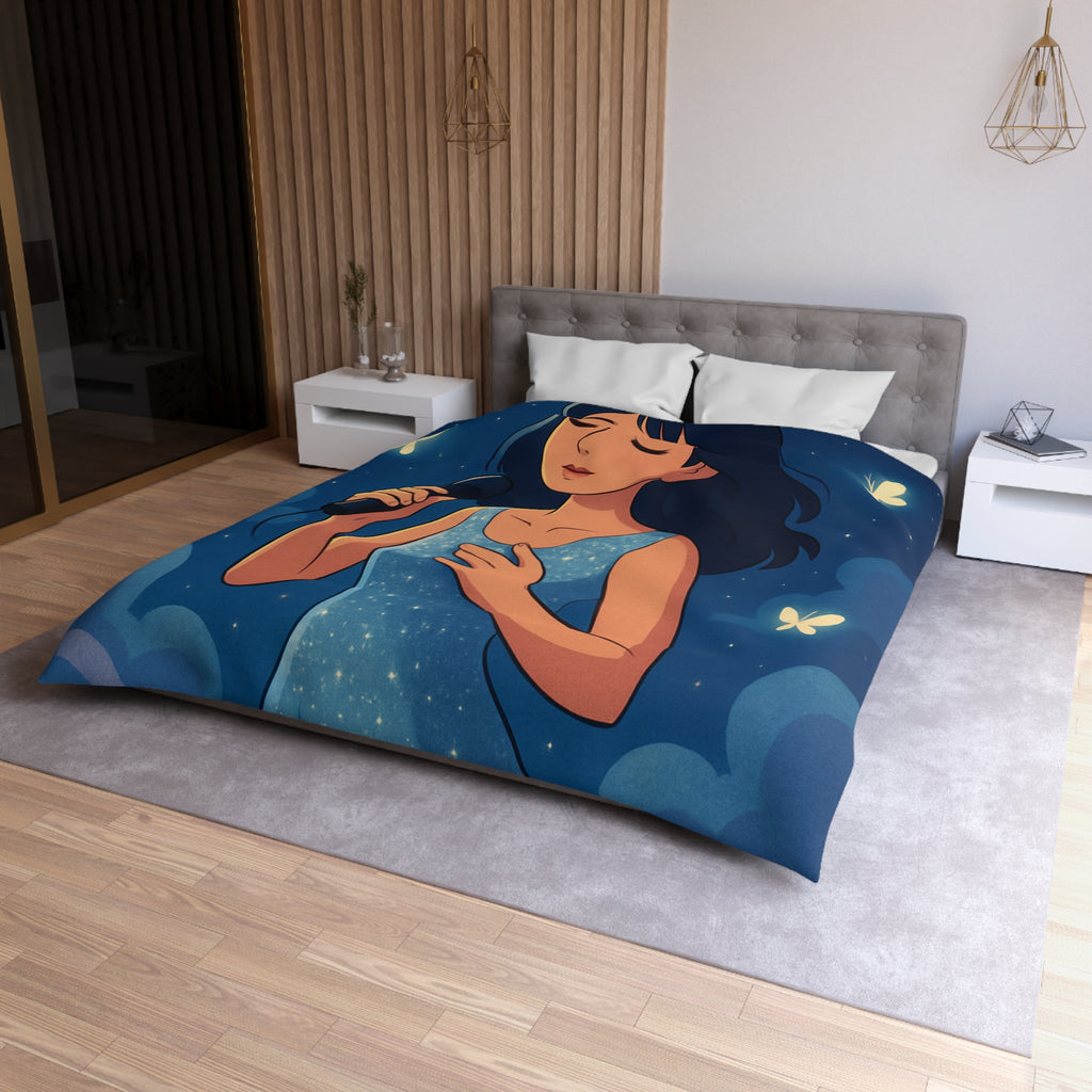 Housse de couette rêveuse avec chanteuse, papillons, lune et ciel étoilé bleu