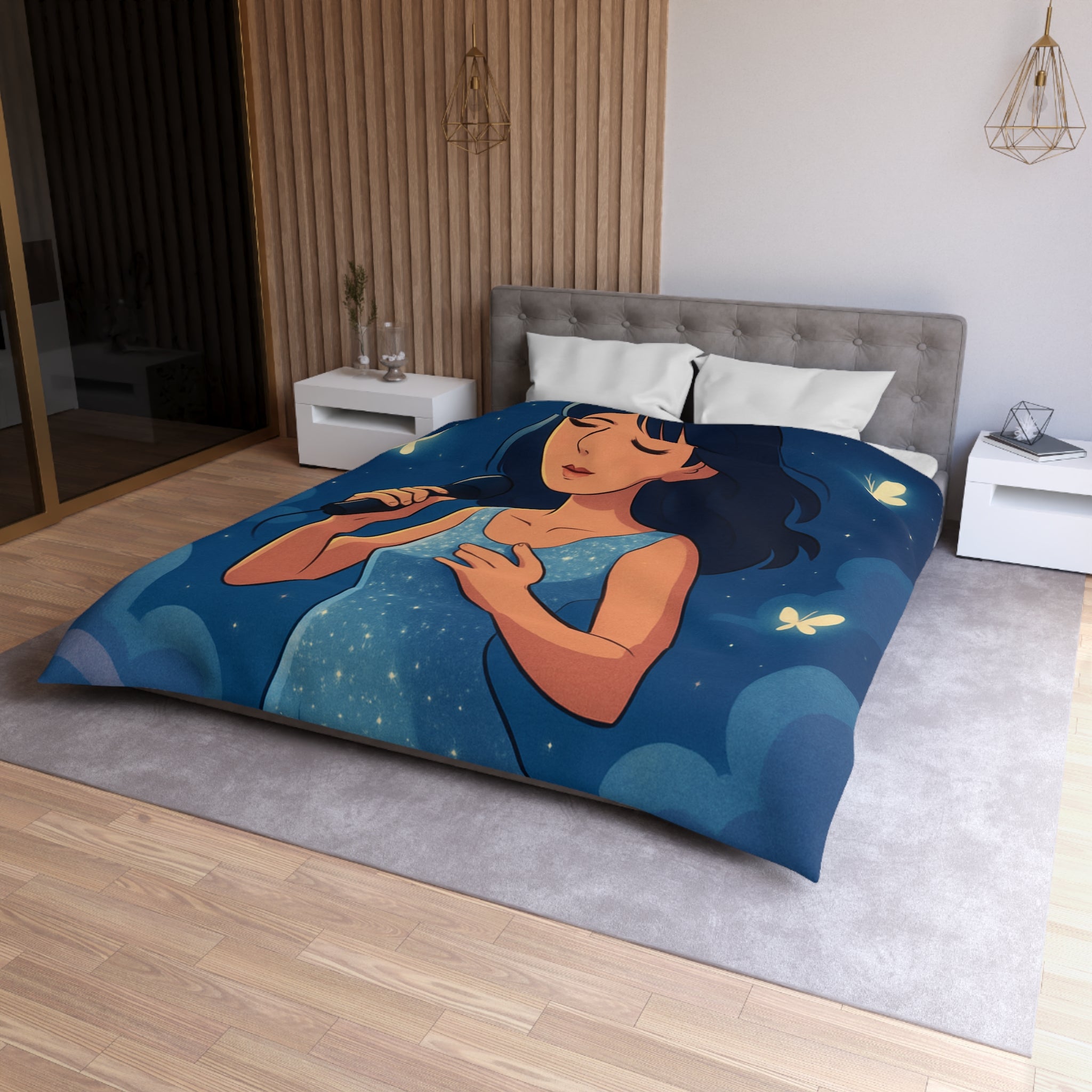 Housse de couette rêveuse avec chanteuse, papillons, lune et ciel étoilé bleu