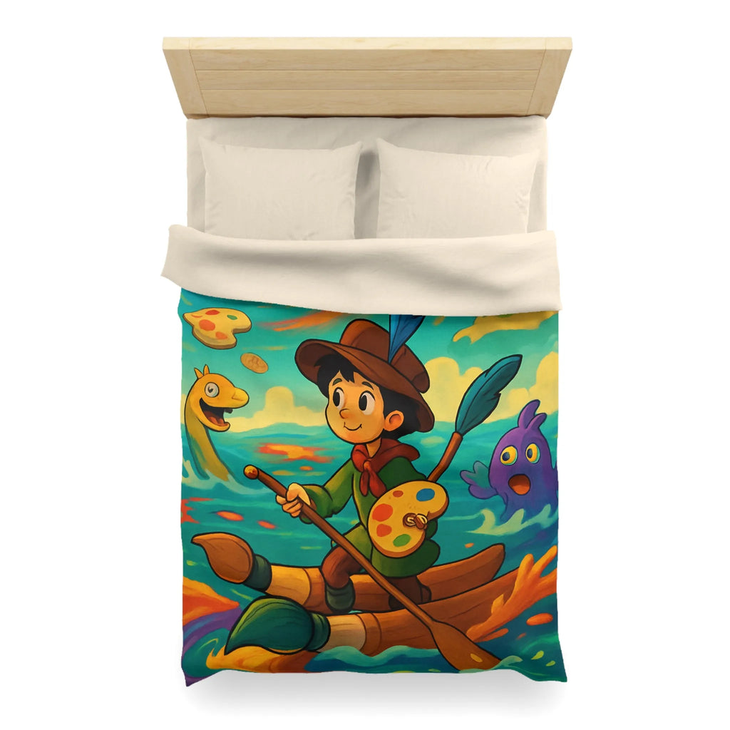 Housse de couette aquarelle enfantine, enfant peignant dans un tourbillon de couleurs vives