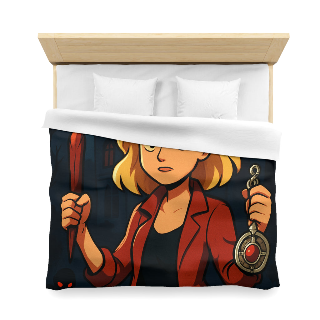 Housse de couette mystérieuse avec scène de château effrayant, pleine lune et silhouette combattive