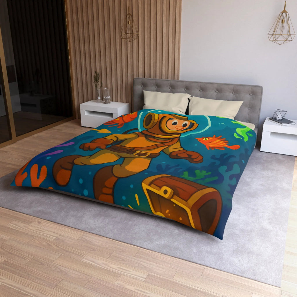 Housse de couette enfant aventure sous-marine avec plongeur et trésor coloré en dessin animé
