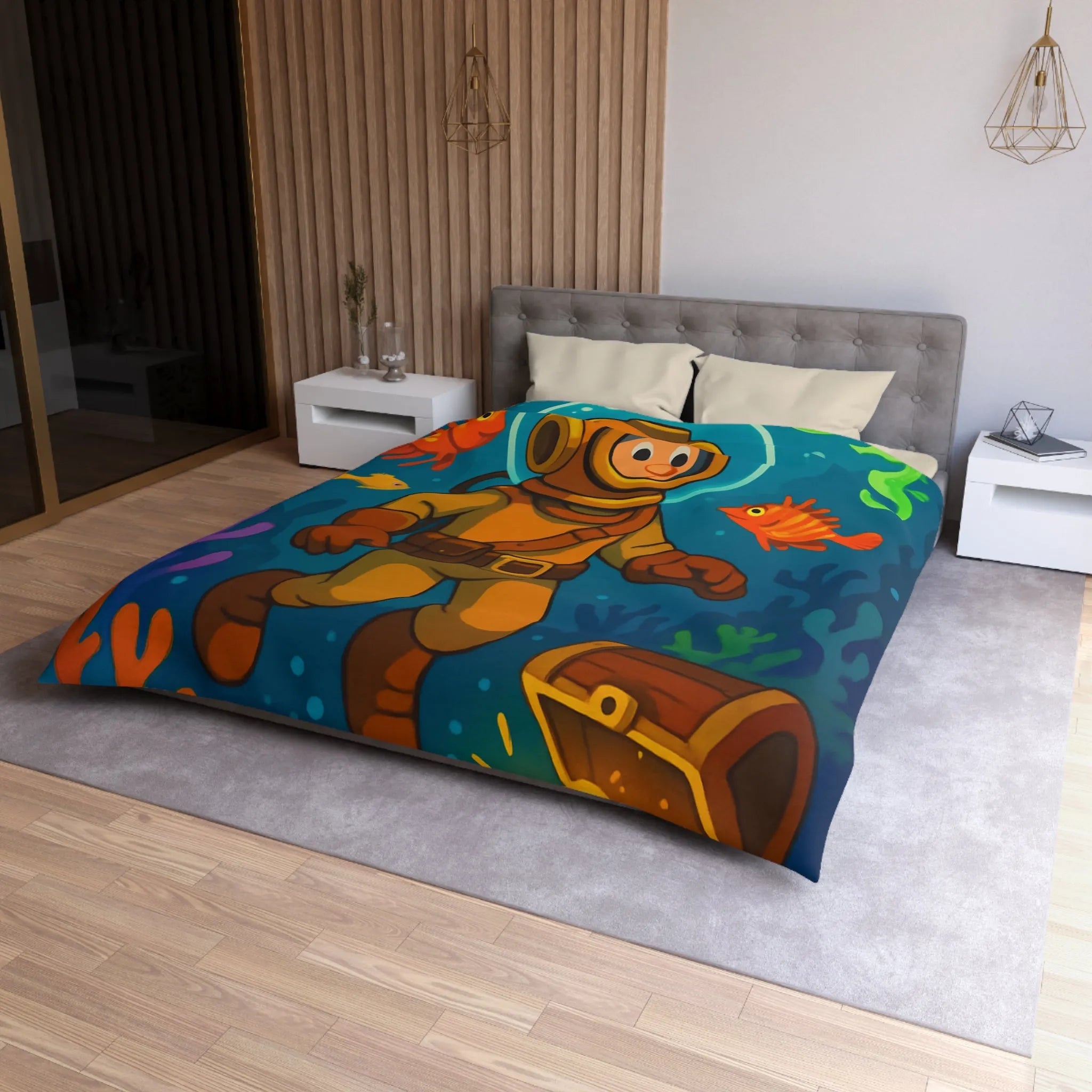 Housse de couette enfant aventure sous-marine avec plongeur et trésor coloré en dessin animé