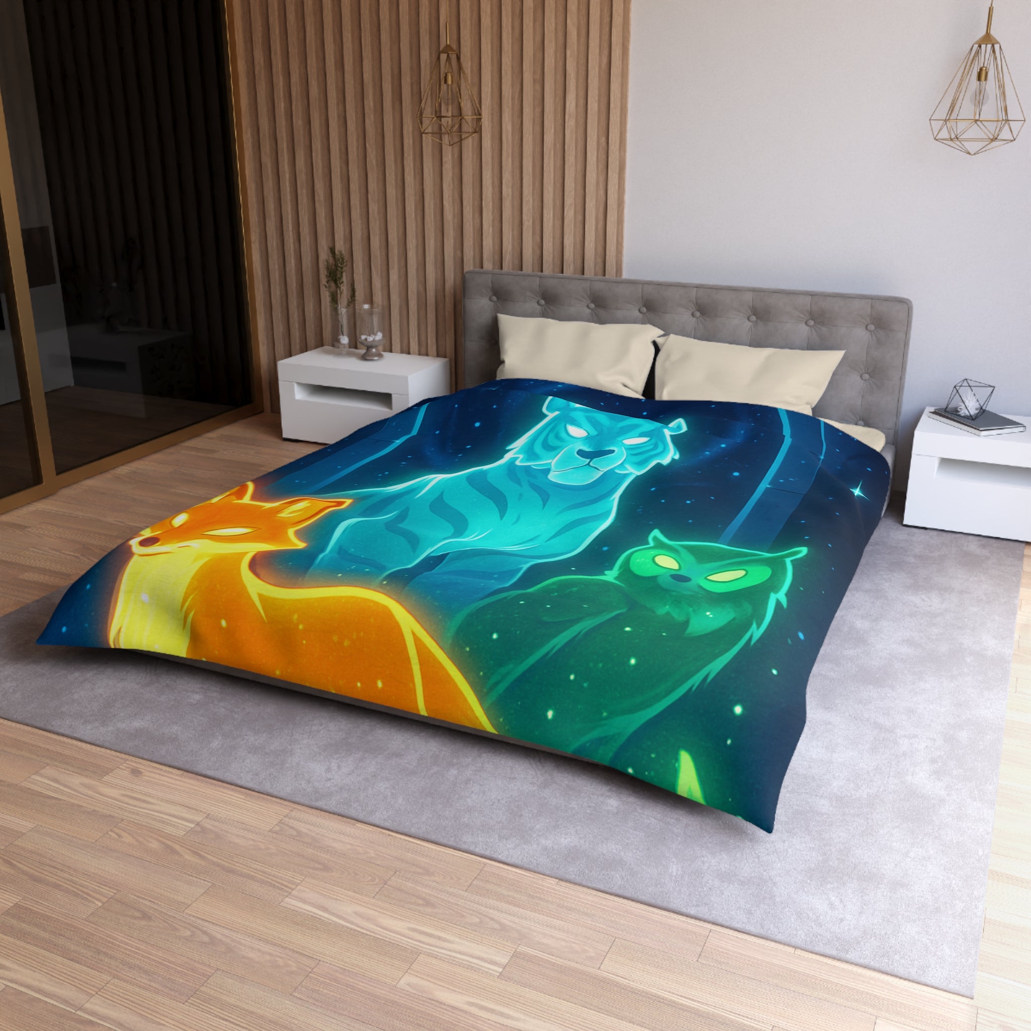 Mystérieuse housse de couette avec renard orange, tigre bleu, et hibou lumineux
