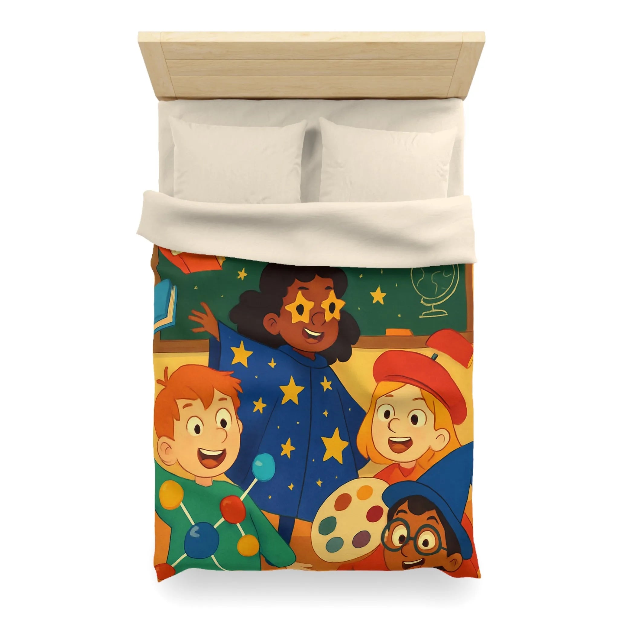 Housse de couette éducative colorée avec enfants et univers de l'apprentissage joyeux