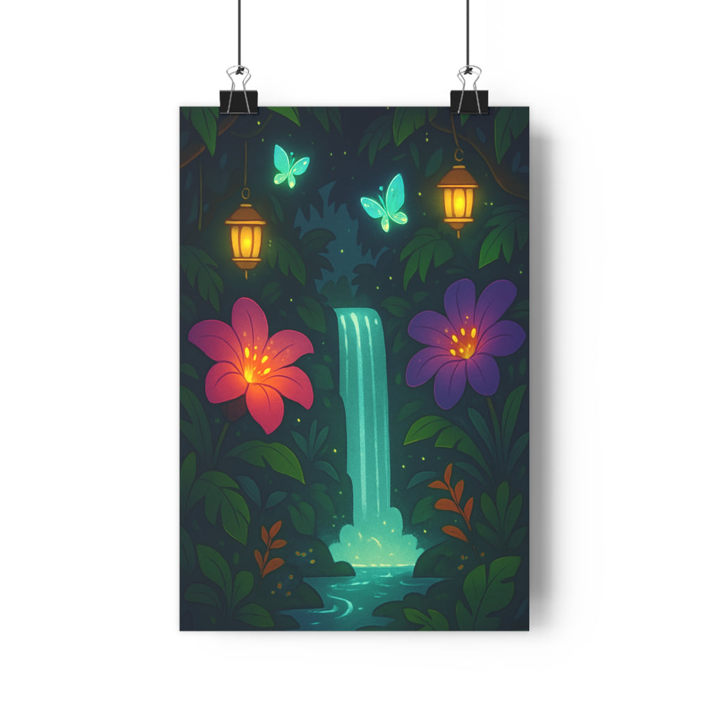 Poster décoratif jungle enchantée vert violet cartoon magique chambre salon cascade papillons ambiance apaisante