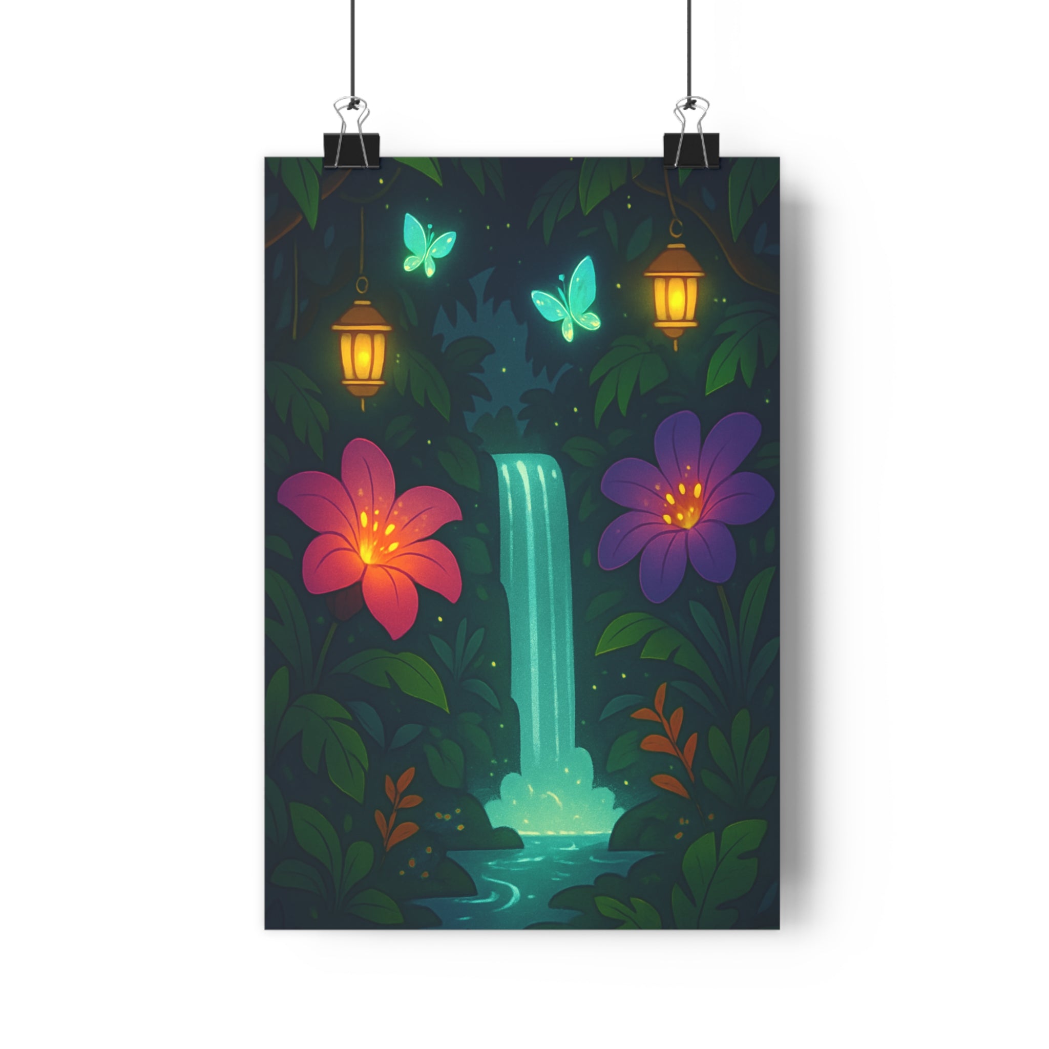Poster décoratif jungle enchantée vert violet cartoon magique chambre salon cascade papillons ambiance apaisante