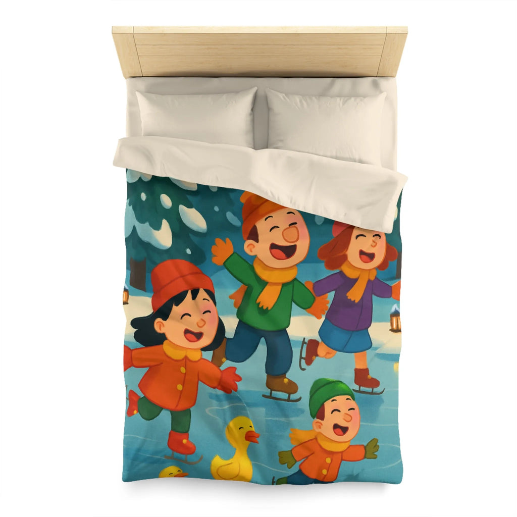 Housse de couette hiver joyeuse avec enfants et petits canards patinant sur glace