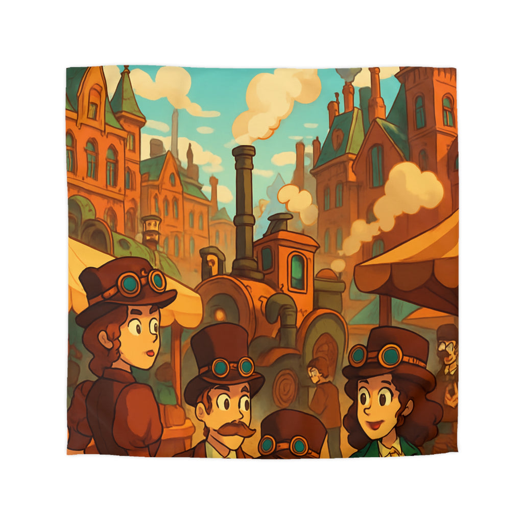Housse de couette steampunk rétro avec famille, dirigeables et ville victorienne animée