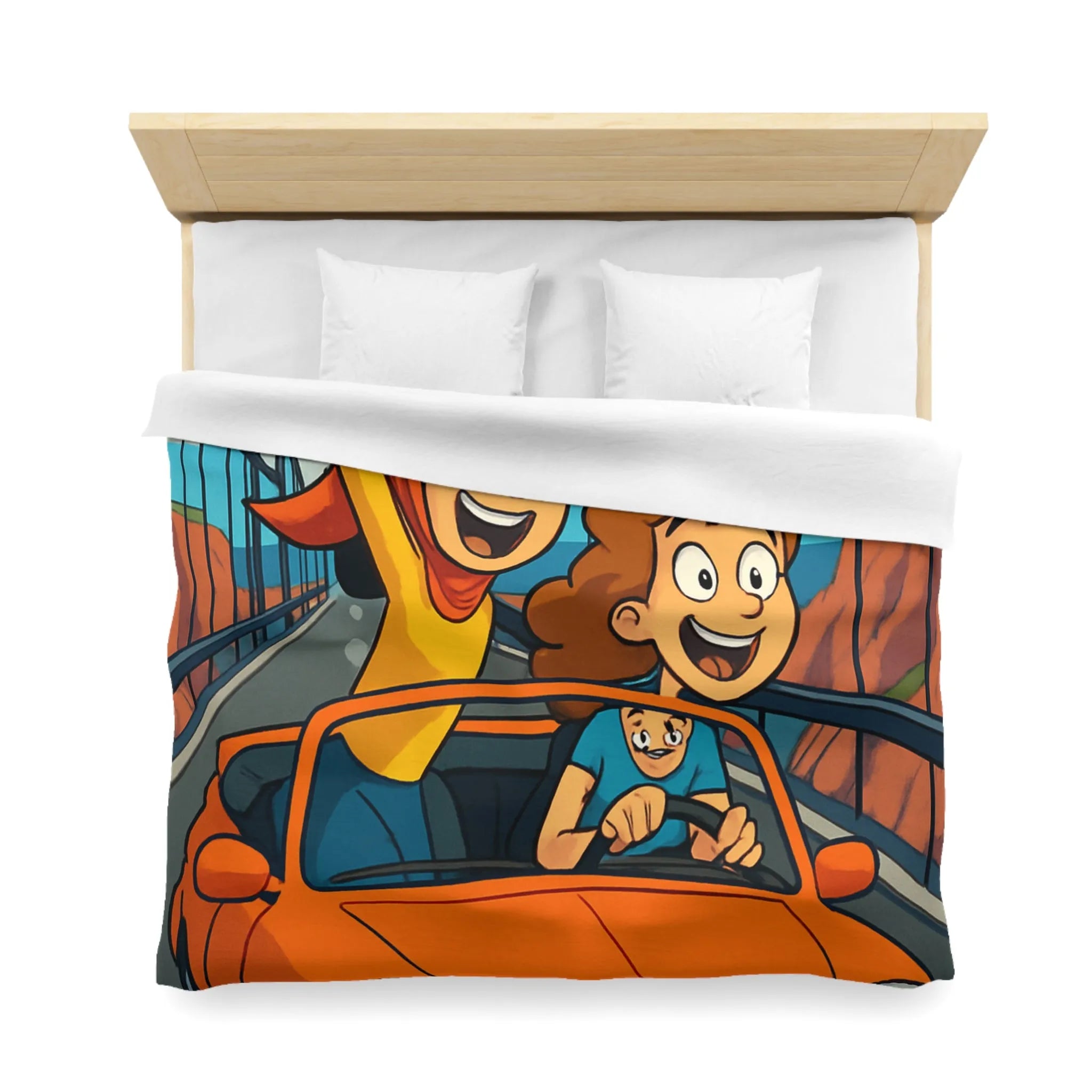 Housse de couette colorée avec illustration de famille en voiture sur pont suspendu