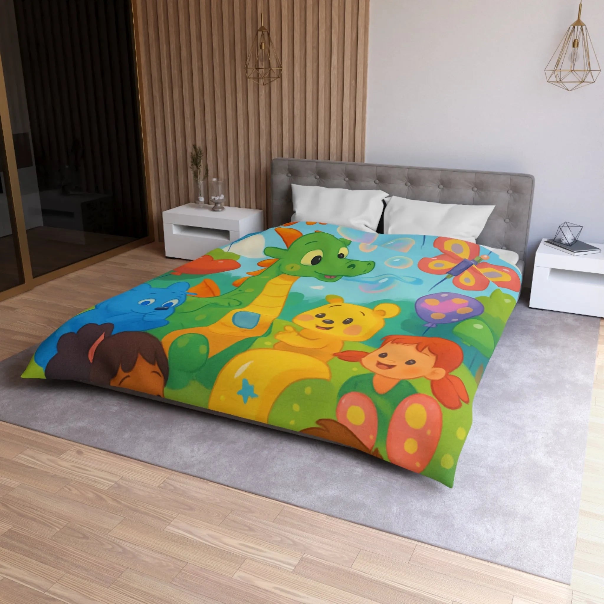 Housse de Couette Enfant Fantaisie Animaux et Ballons Colorés pour Chambre Féérique