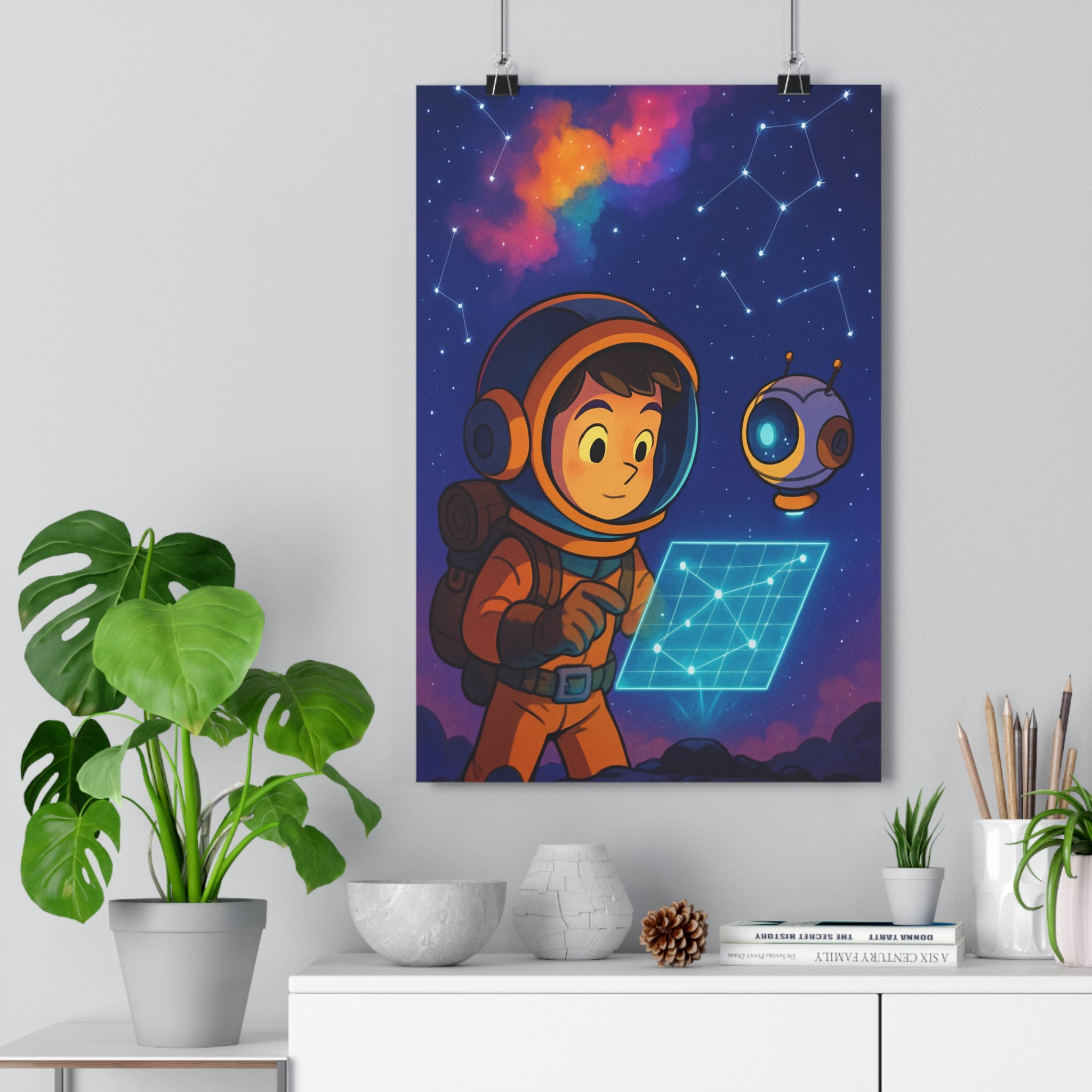 Poster décoratif aventure cartoon orange bleu rose explorateur spatial chambre enfant futuriste constellation robot