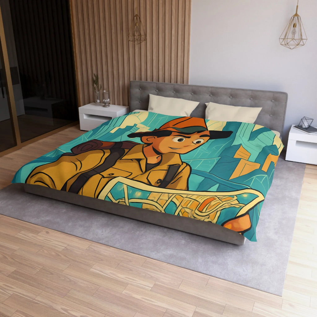 Découverte urbaine vibrante : jeune explorateur avec carte et gratte-ciels illustrés