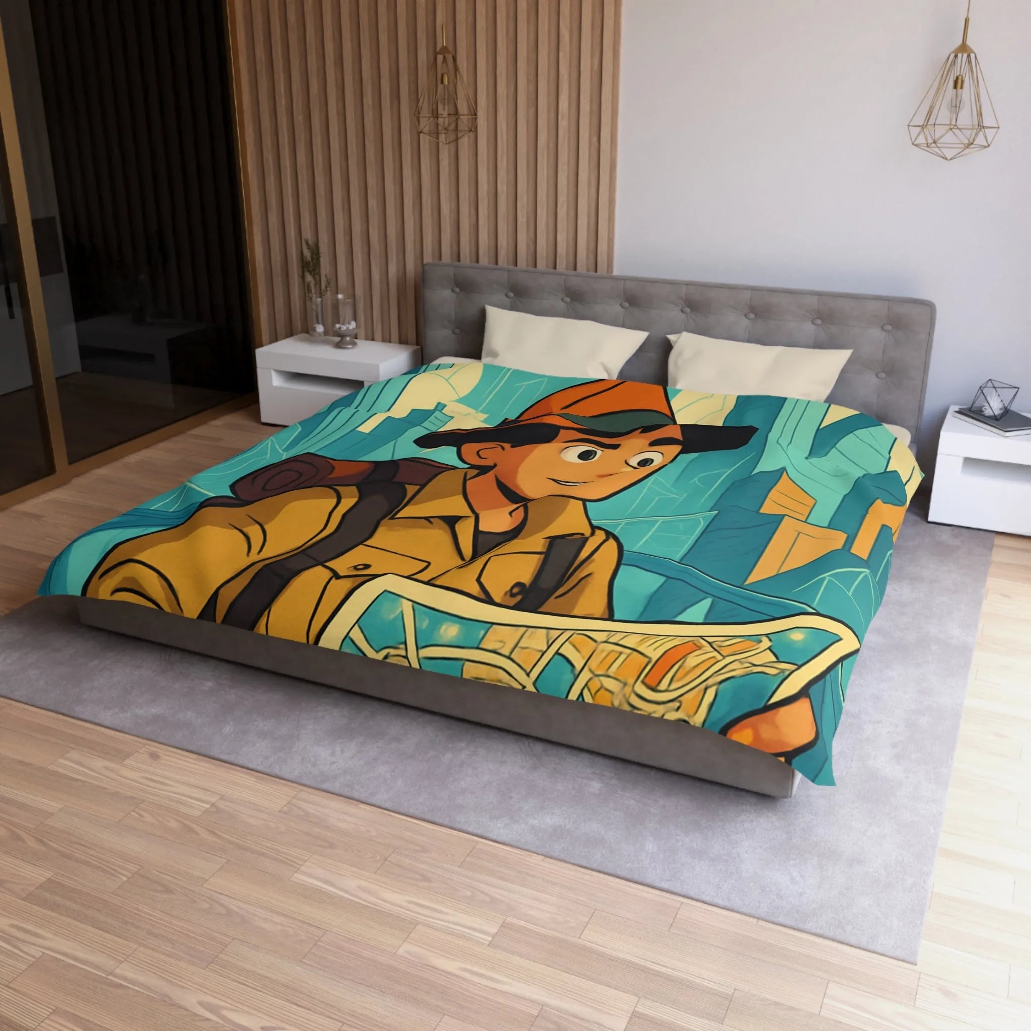 Découverte urbaine vibrante : jeune explorateur avec carte et gratte-ciels illustrés