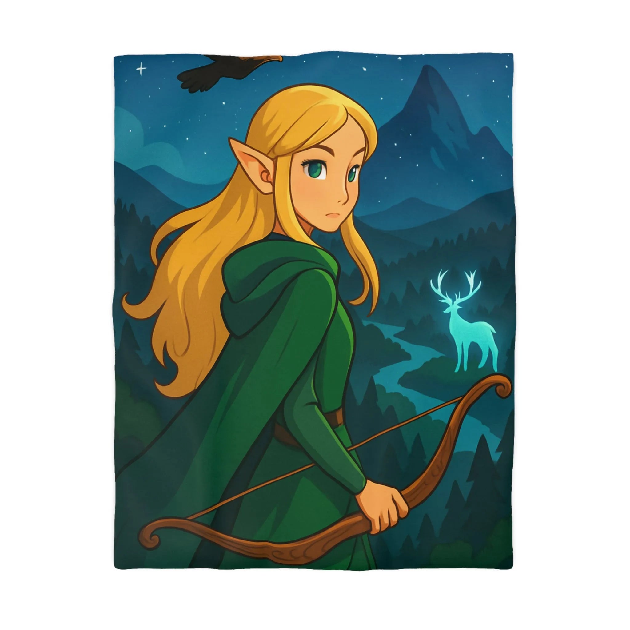 Housse de couette avec elfe archère, cerf lumineux, forêt montagneuse et ciel étoilé
