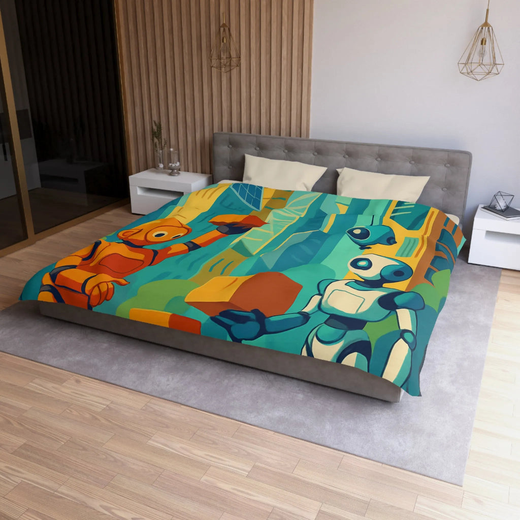 Housse de couette futuriste avec robots colorés dans une ville moderne lumineuse