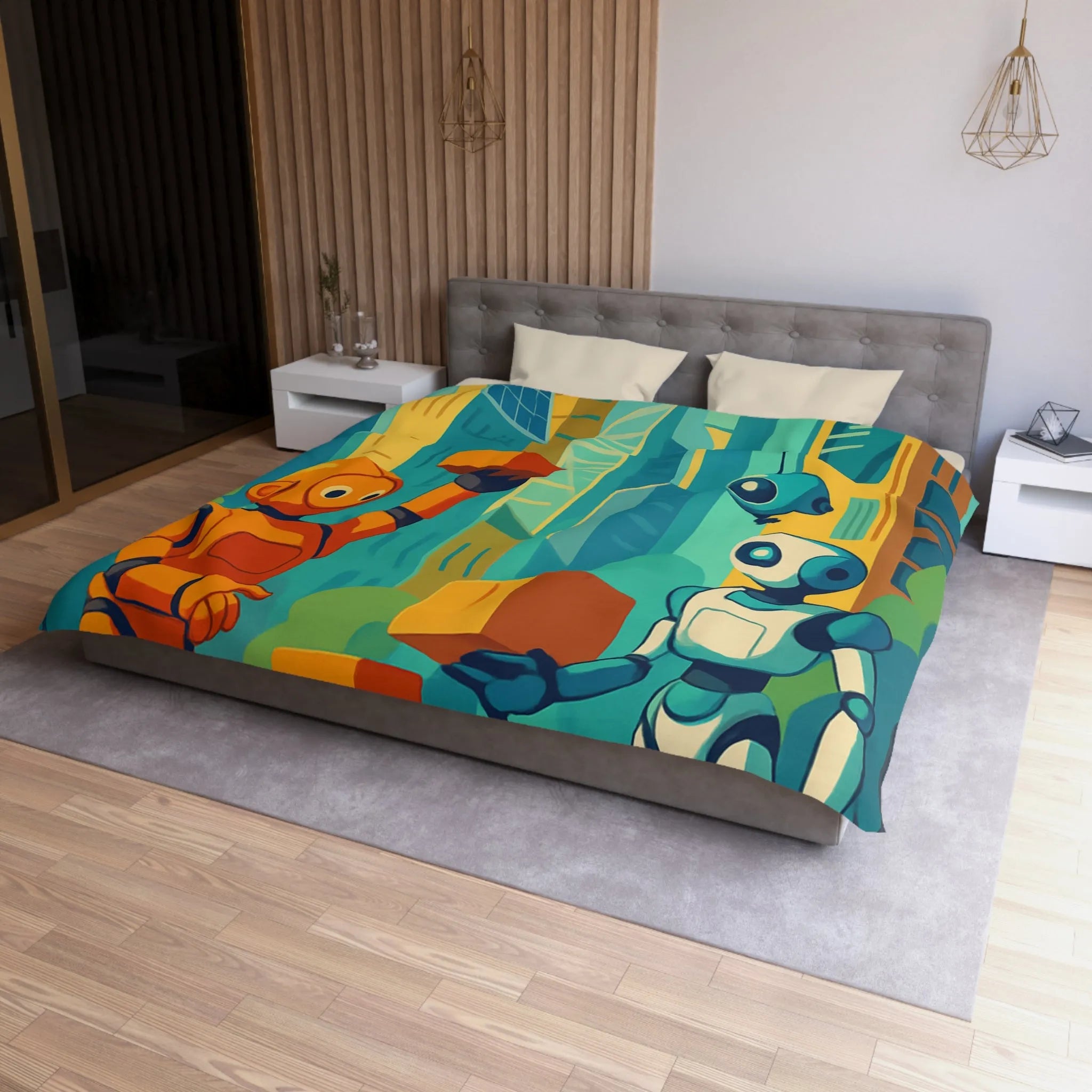 Housse de couette futuriste avec robots colorés dans une ville moderne lumineuse