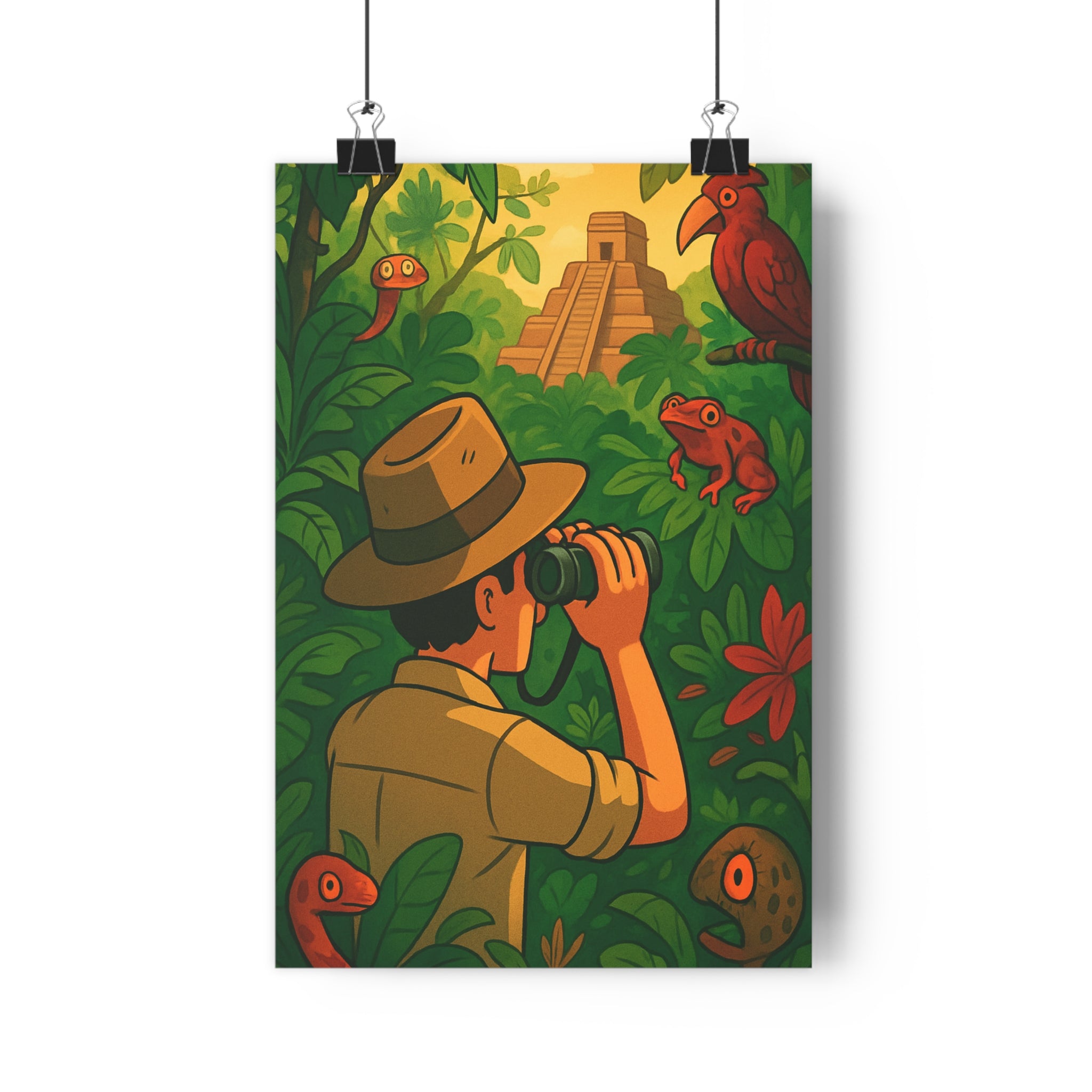 Poster décoratif aventure jungle vert rouge explorateur cartoon mystique salon chambre nature exotique vibrant