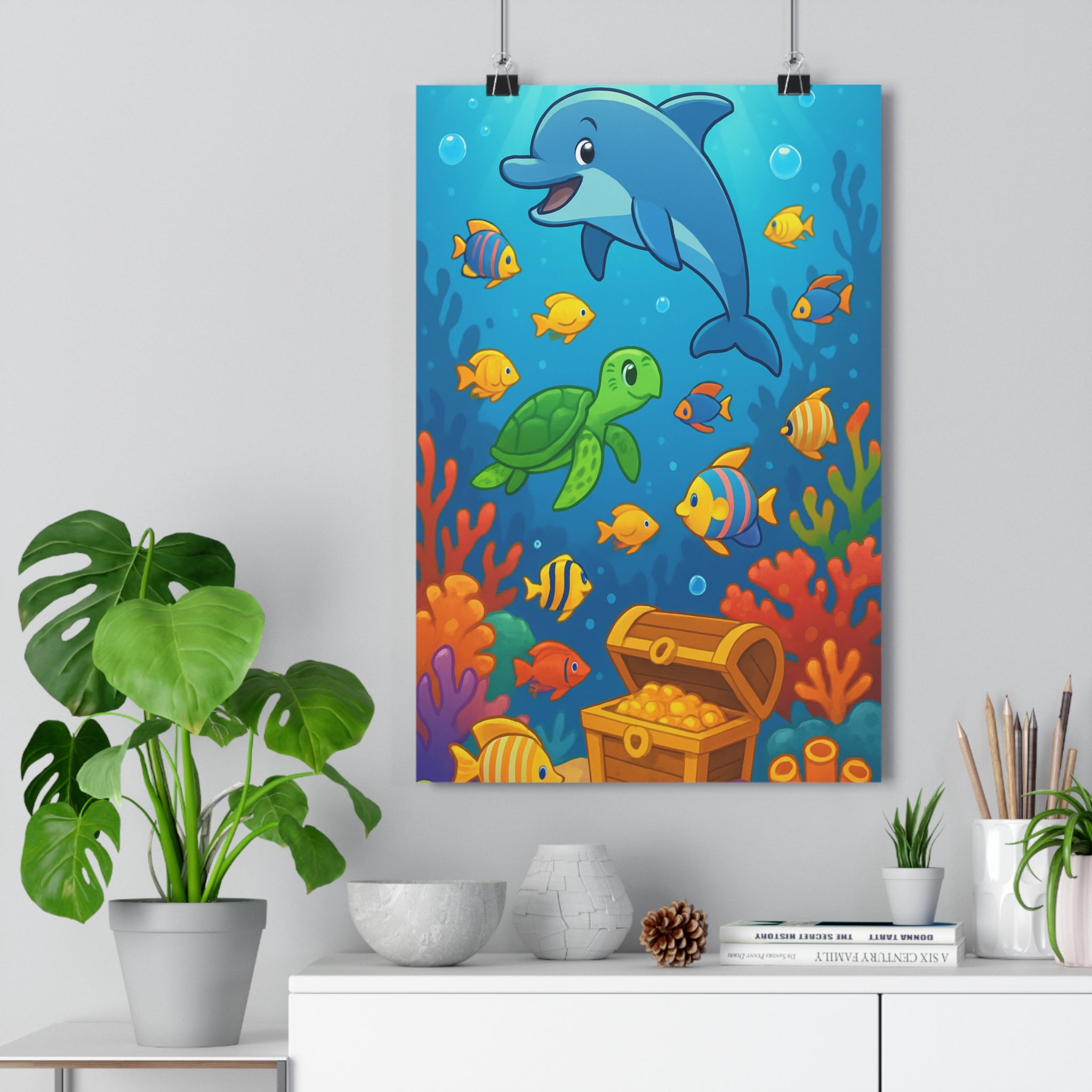Poster décoratif cartoon dauphin tortue poisson coloré joyeux enfant chambre magique vibrant océan aventure