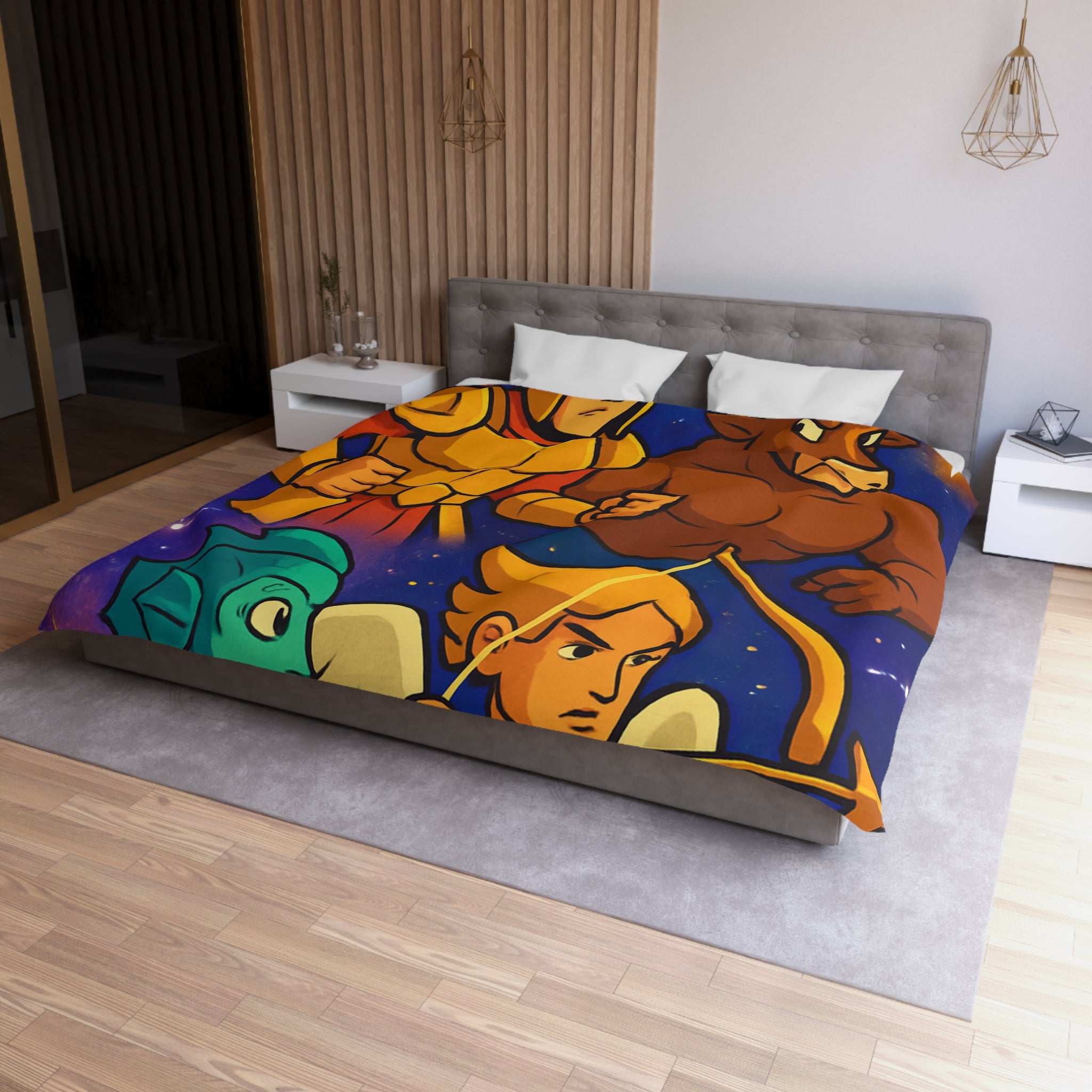 Housse de couette zodiaque illustrée avec chevalier, taureau, ange et créature marine
