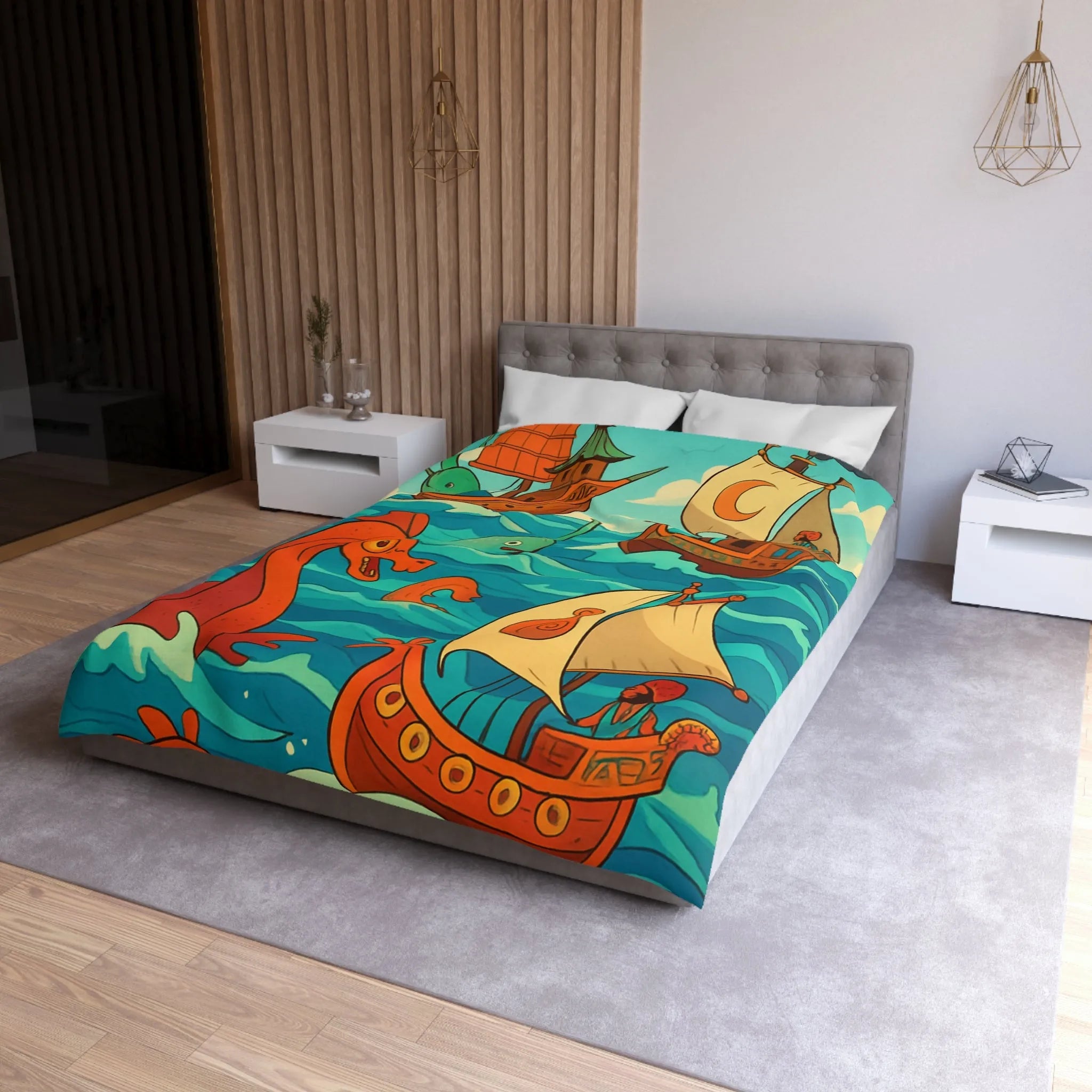 Housse de Couette Colorée avec Bateaux et Créatures Maritimes dans Stil Nautique Fantasy