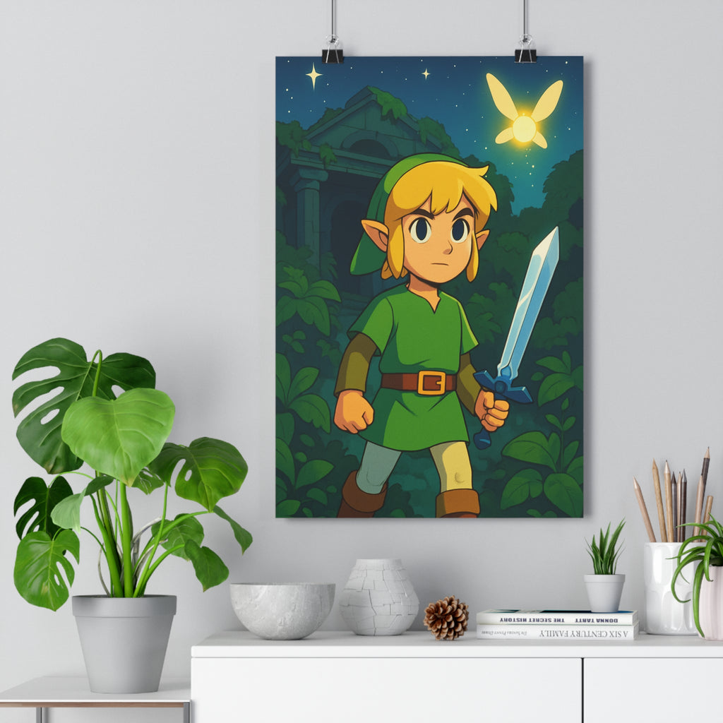 Poster décoratif héros épée aventure forêt magique créature lumineuse cartoon chambre enfant 30x46 vibrant