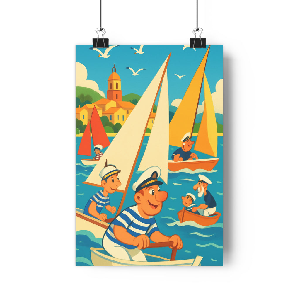 Poster décoratif maritime voilier coloré bleu jaune salon chambre joyeux vibrant art mural paysage