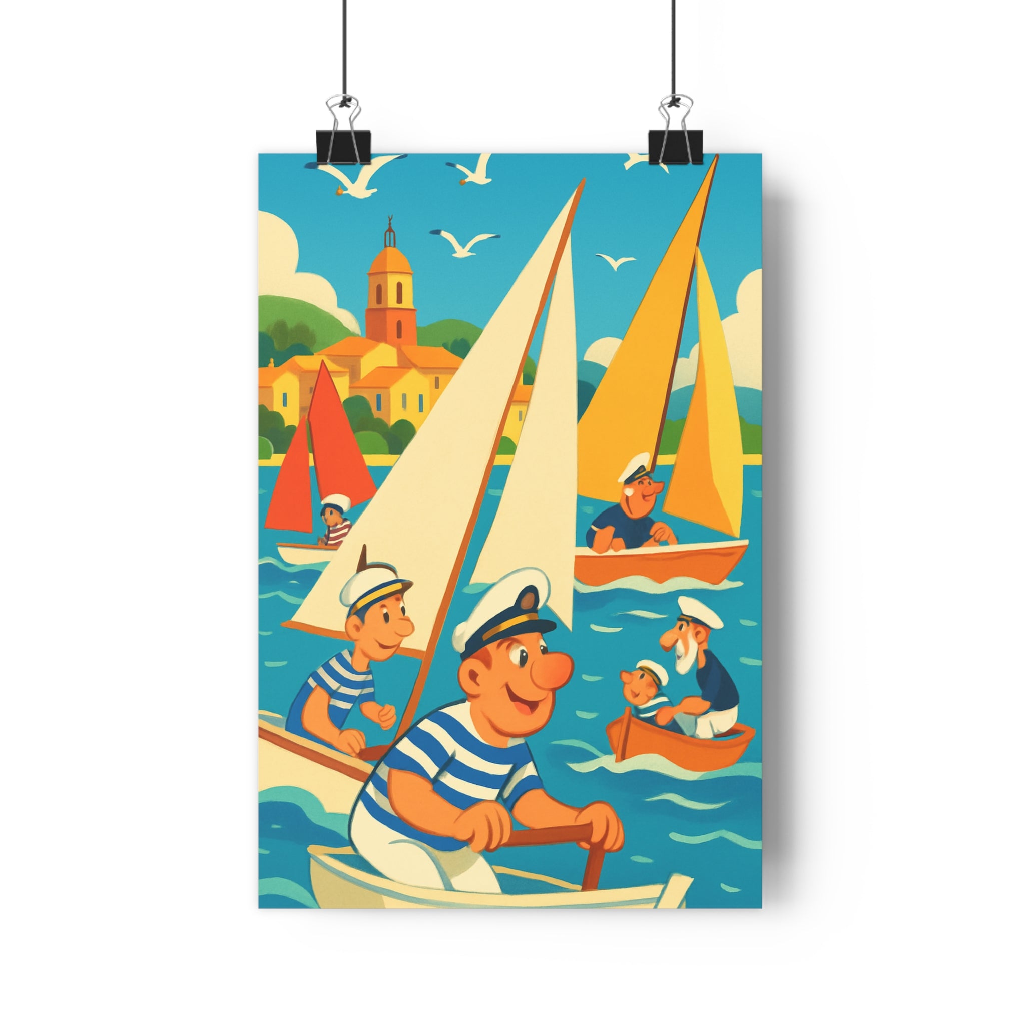 Poster décoratif maritime voilier coloré bleu jaune salon chambre joyeux vibrant art mural paysage