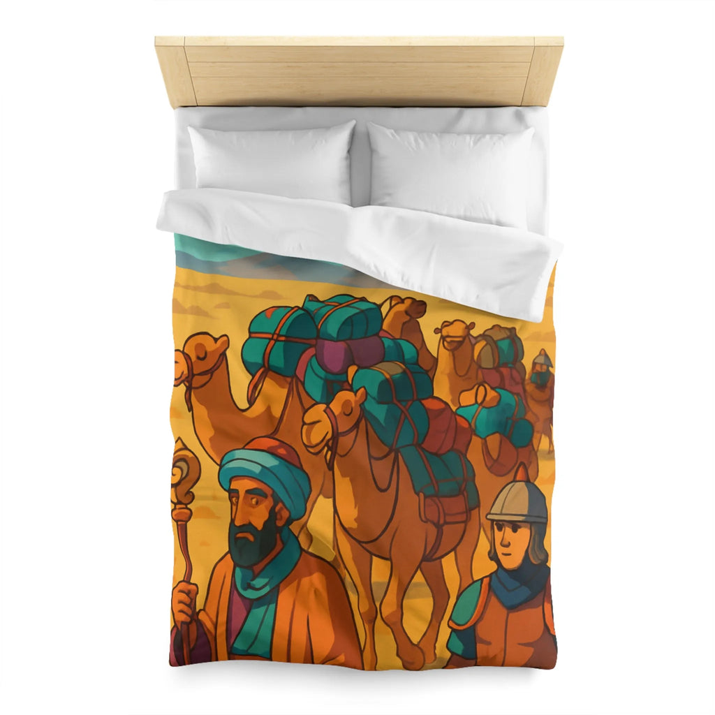 Housse de couette avec caravane de chameaux traversant un désert montagneux en arrière-plan
