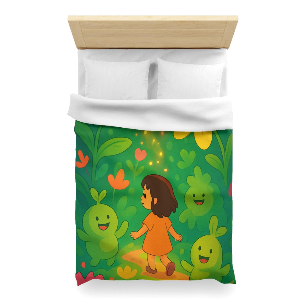 Housse de couette enfant avec fleurs colorées et créatures joyeuses dans forêt magique