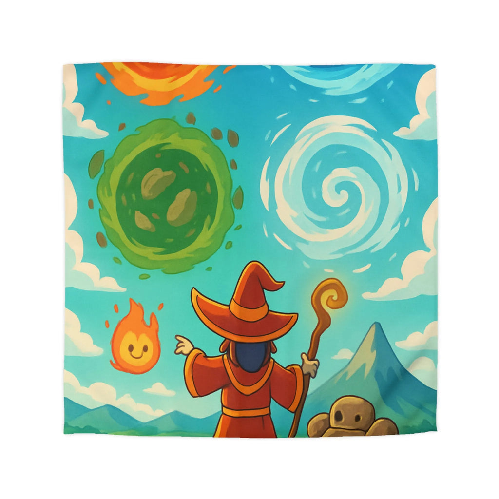 Housse de couette avec illustration magique de sorcier, élémentaires et paysage vibrant