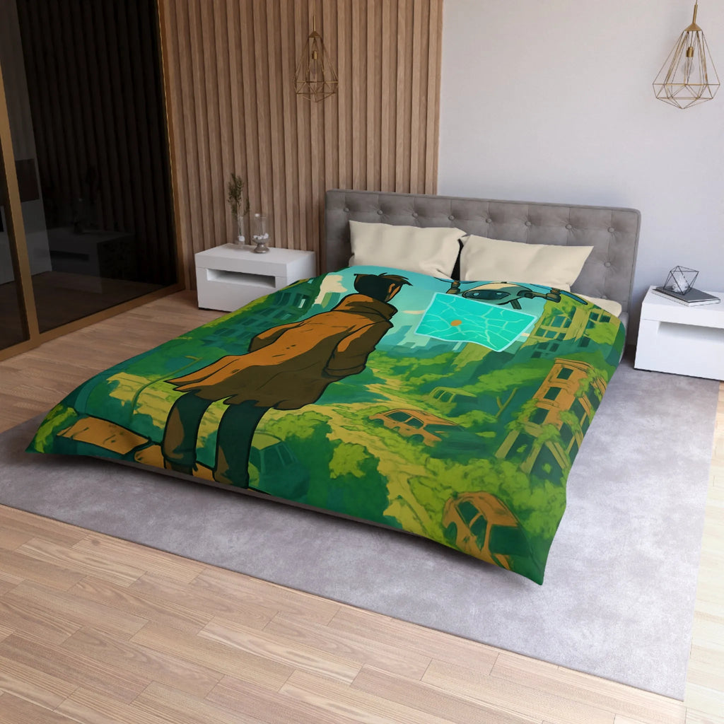 Housse de couette aventure post-apocalyptique avec drone et carte, style urbain nature