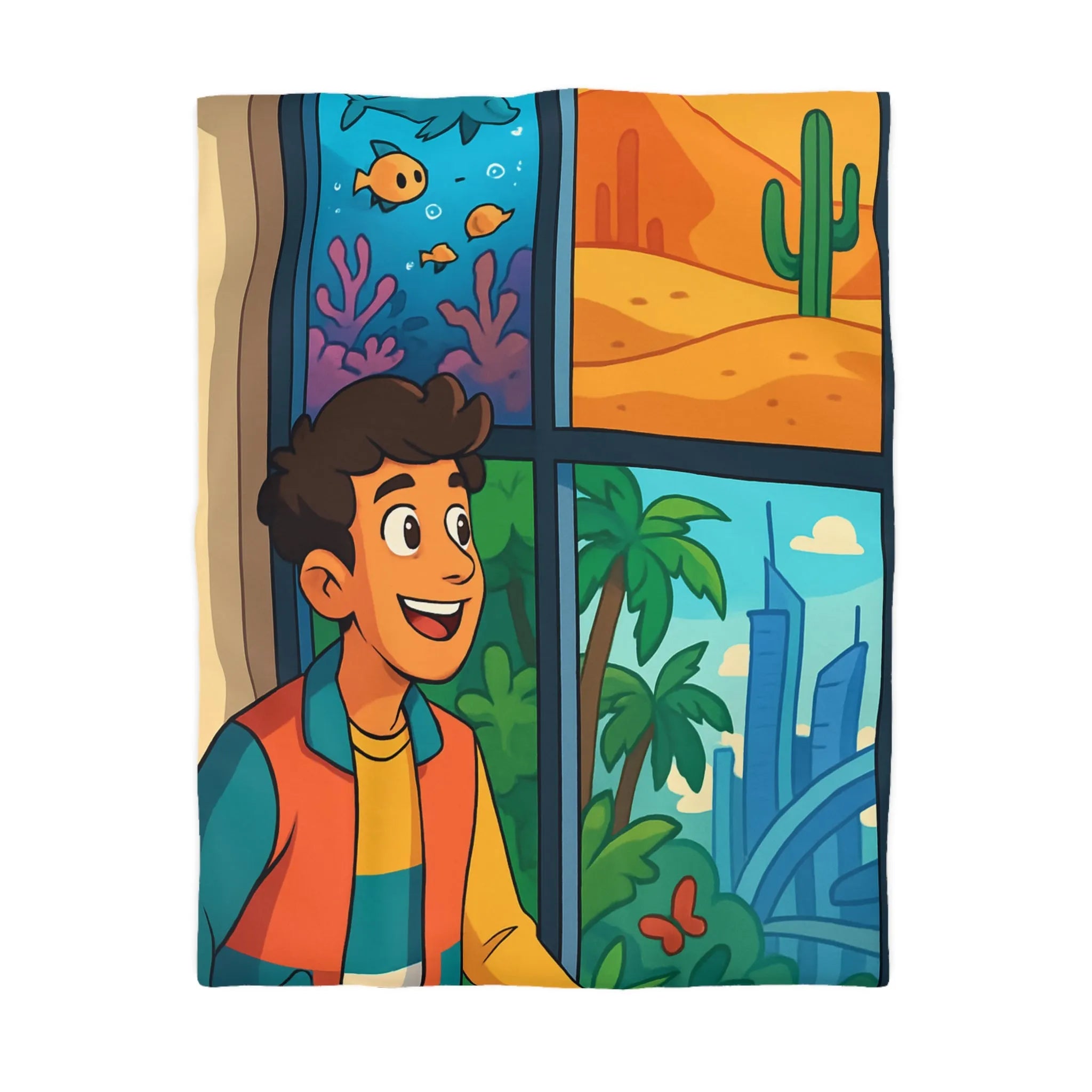 Housse de couette colorée avec paysage marin, désertique et urbain pour chambre d'enfant