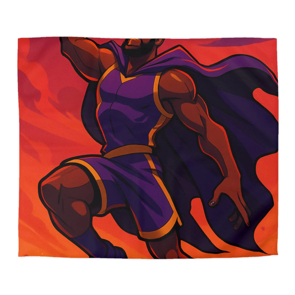 Housse de couette homme volant avec cape et ballon lumineux sur fond orange