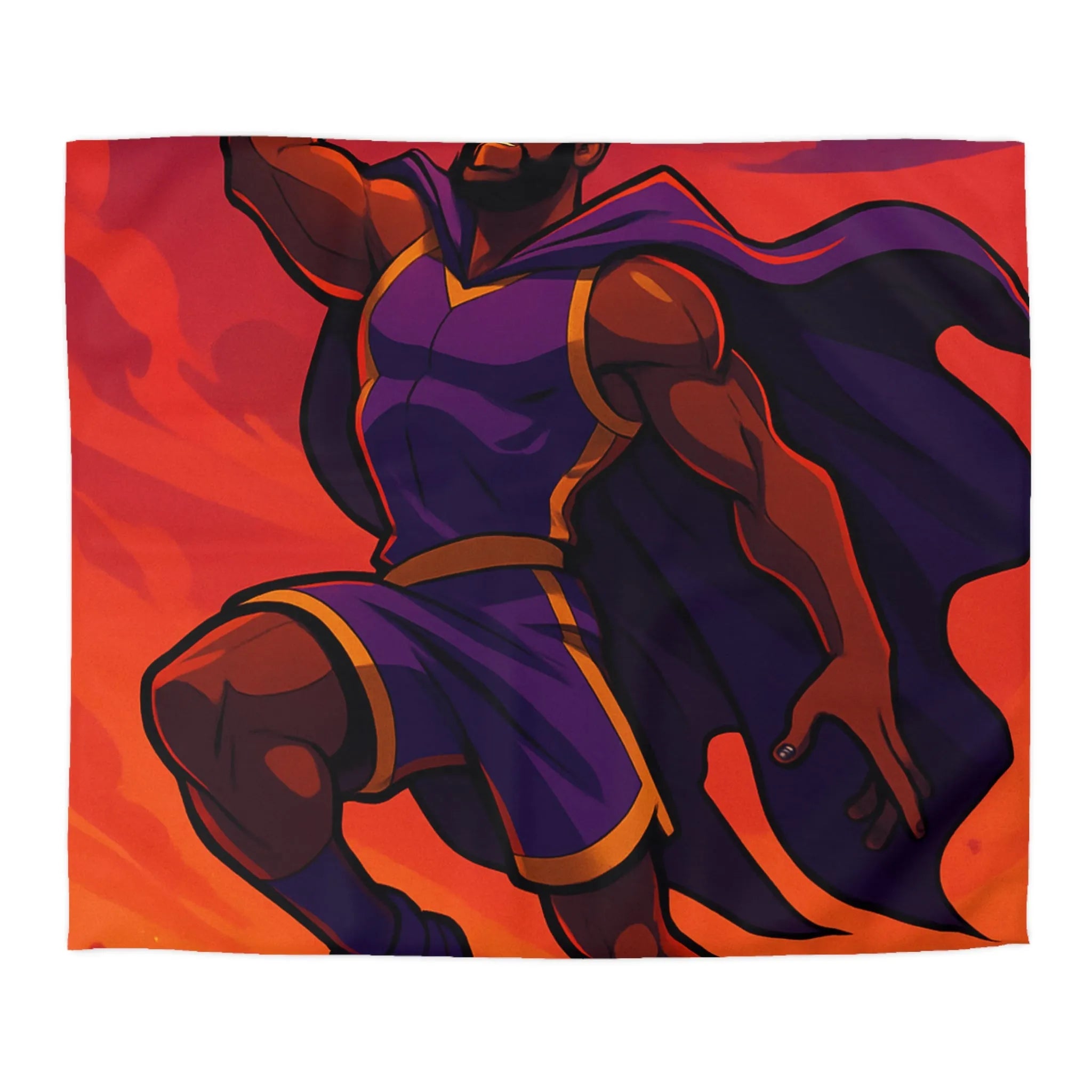 Housse de couette homme volant avec cape et ballon lumineux sur fond orange