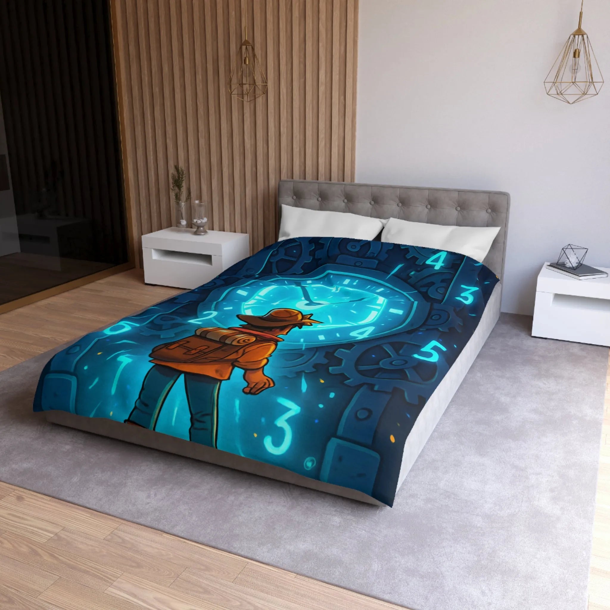 Housse de Couette Aventure Énigmatique Horloger Voyageur avec Éclairage Bleu Futuriste