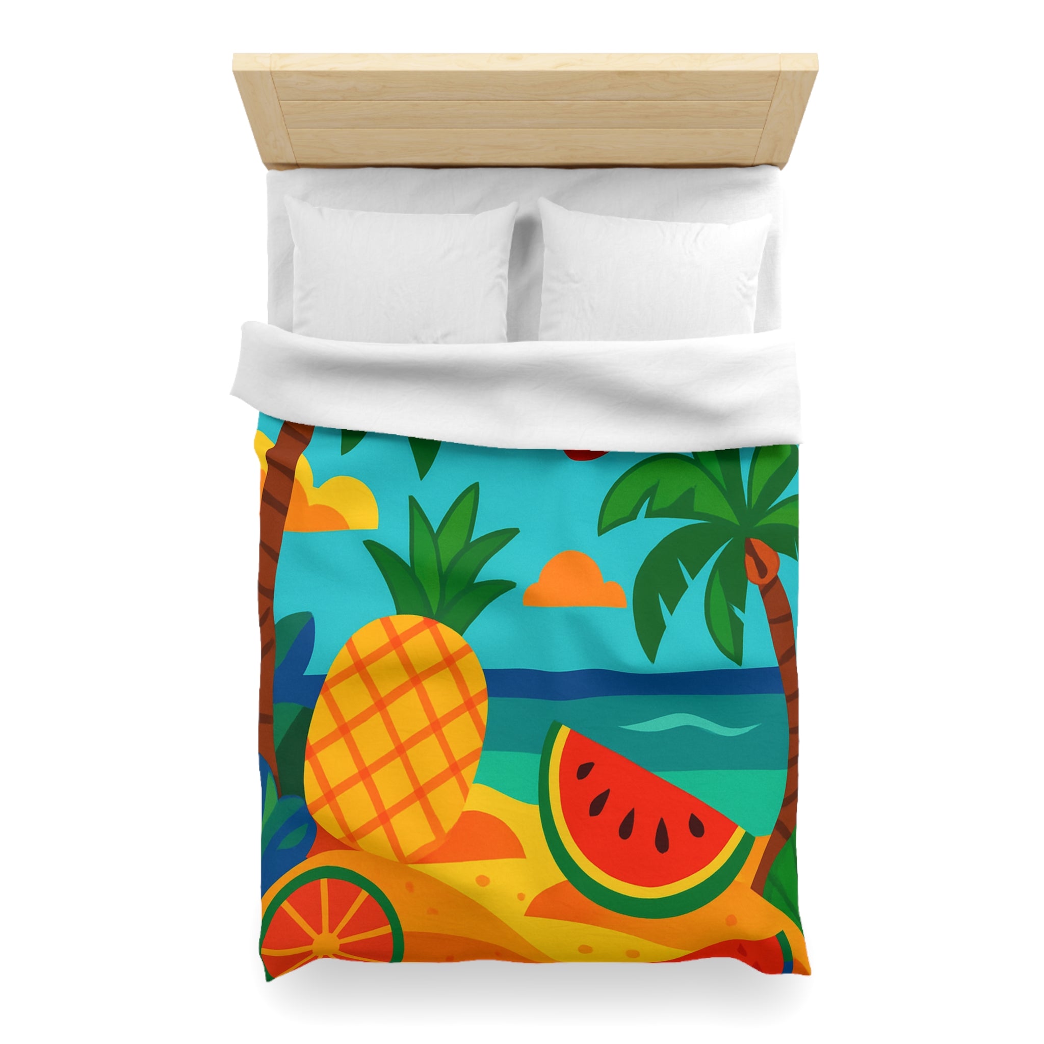 Housse de couette tropicale colorée avec fruits exotiques et oiseaux vibrants sur la plage