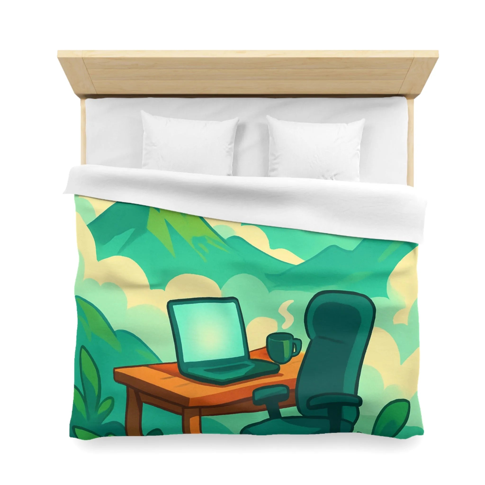 Housse de couette avec paysage de montagne, nature verdoyante, bureau et ciel serein